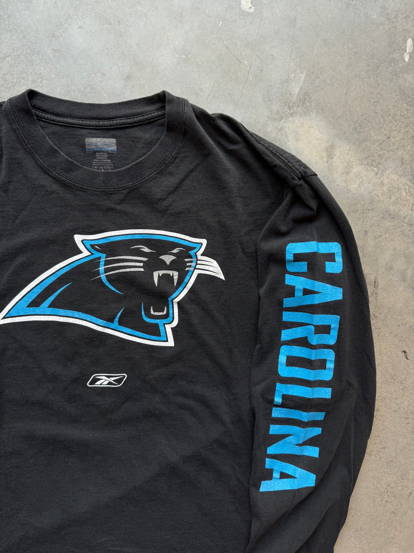 00’s Carolina Panthers Vintage Black Big Logo Spellout Reebok NFL Longsleeve Tee (Large)