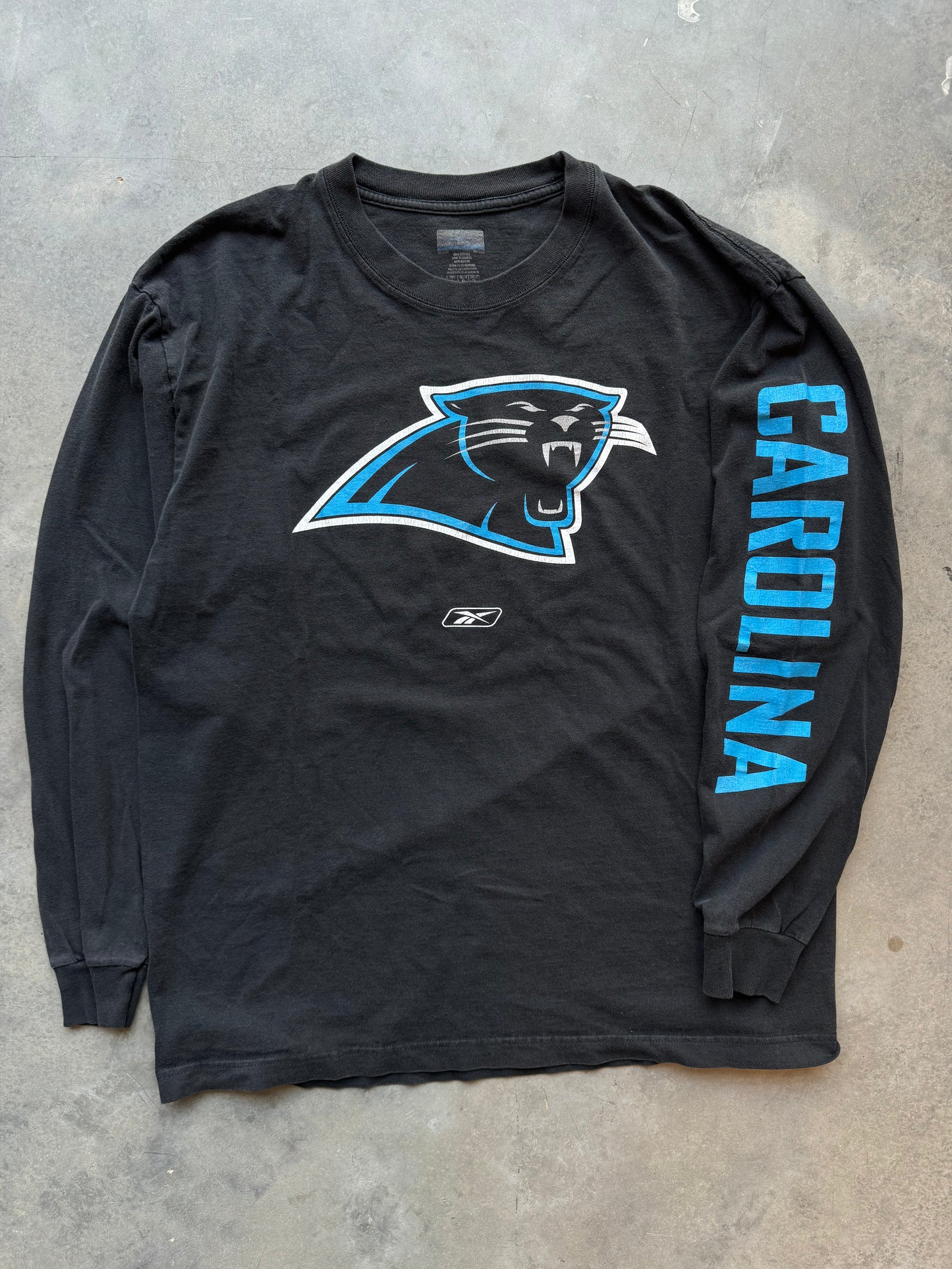 00’s Carolina Panthers Vintage Black Big Logo Spellout Reebok NFL Longsleeve Tee (Large)