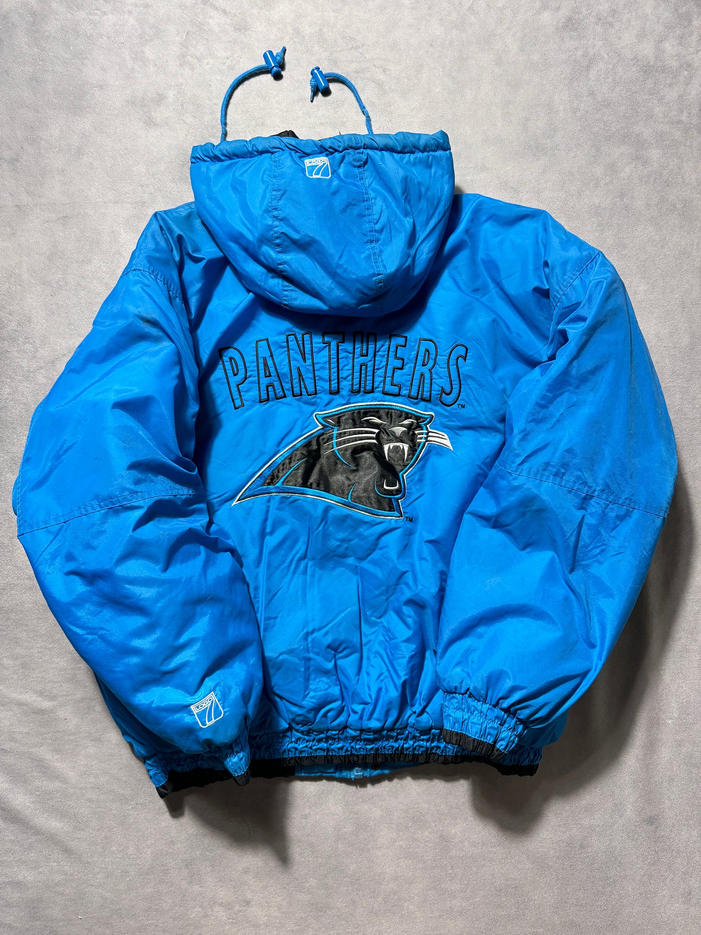 90’s Carolina Panthers Vintage Alternate Blue Logo 7 Game Day Embroidered NFL Puffer Jacket (XL)