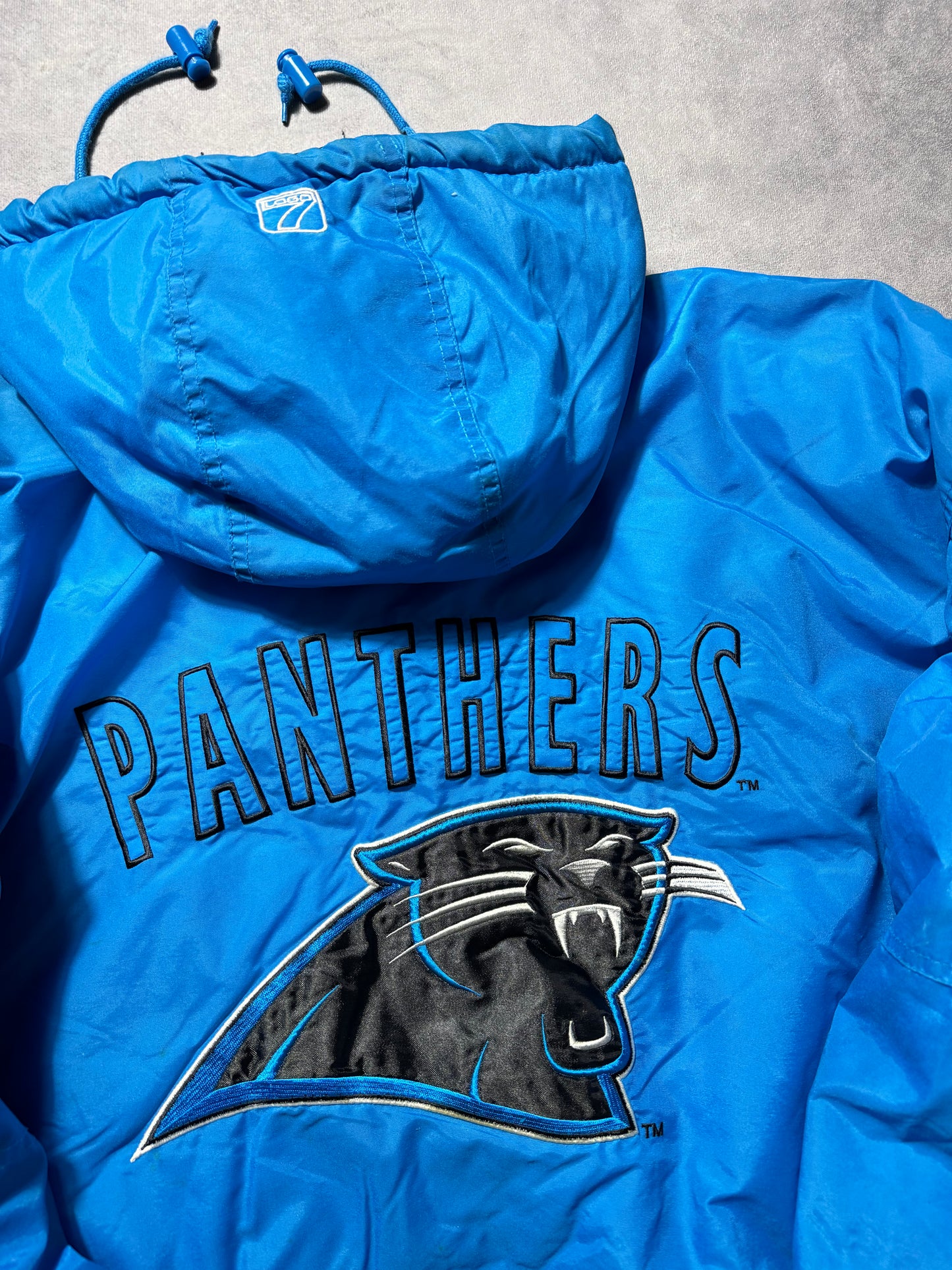 90’s Carolina Panthers Vintage Alternate Blue Logo 7 Game Day Embroidered NFL Puffer Jacket (XL)
