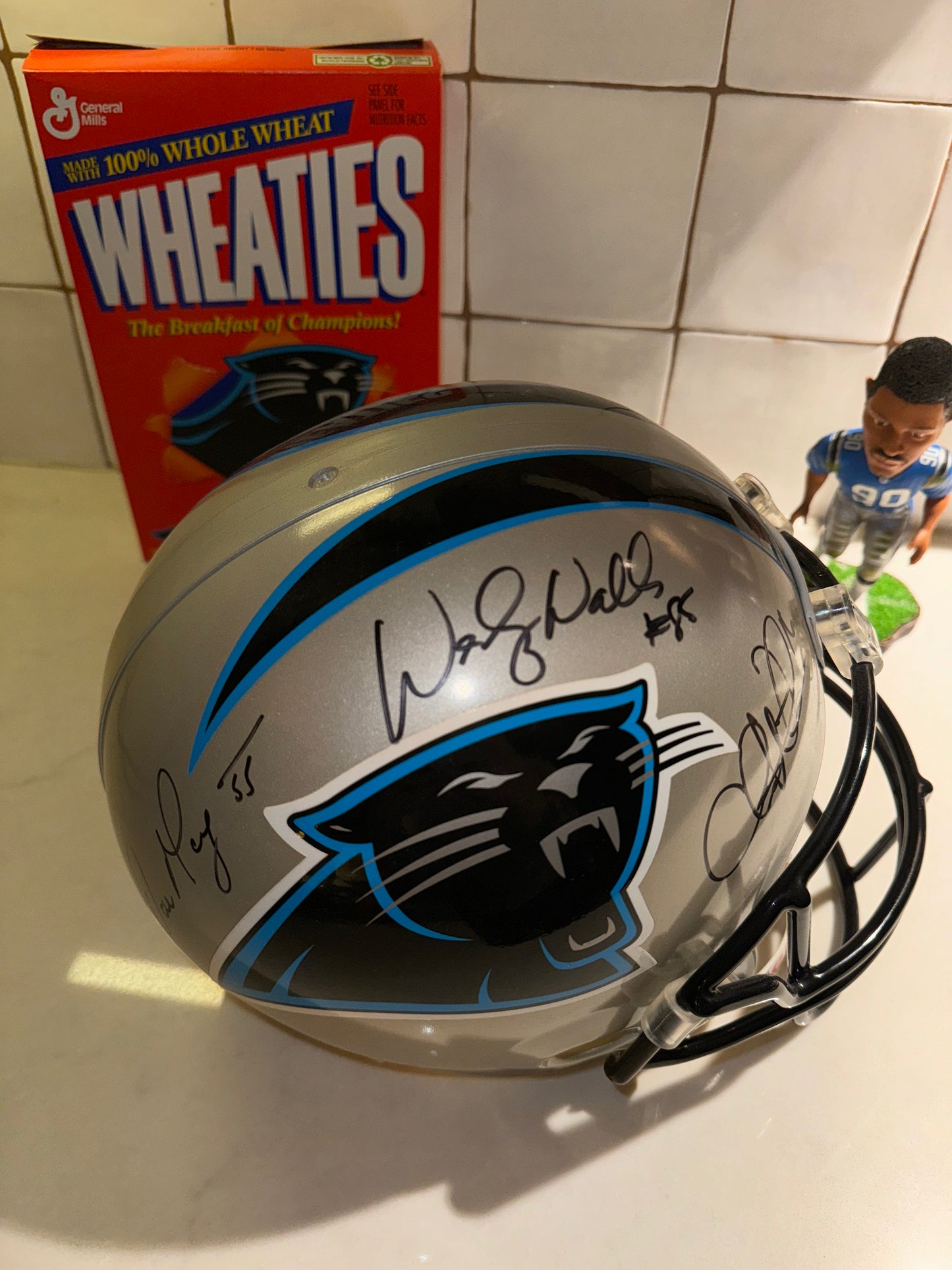 2001 Carolina Panthers Vintage Riddell Full Sized NFL Helmet - Autographed by Dan Morgan, Wesley Walls & Chris Weinke