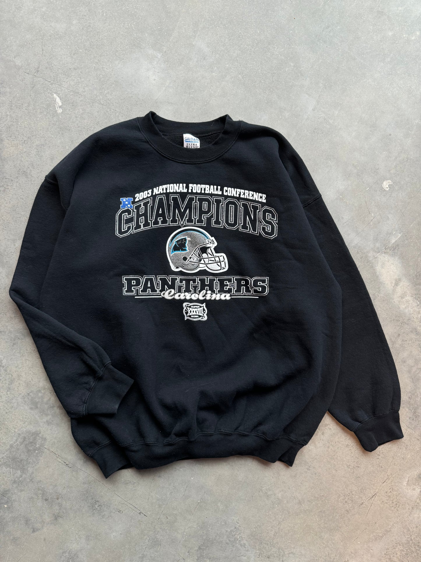 2003 Carolina Panthers Vintage NFC Champions Super Bowl XXXVIII Arch Logo NFL Crewneck (XL)