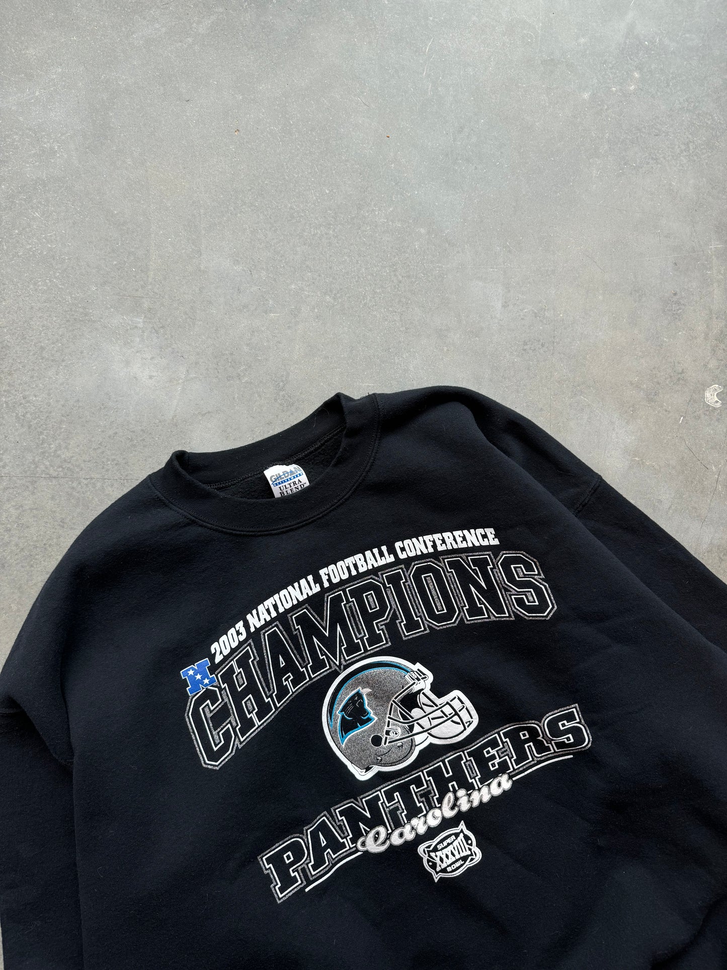 2003 Carolina Panthers Vintage NFC Champions Super Bowl XXXVIII Arch Logo NFL Crewneck (XL)