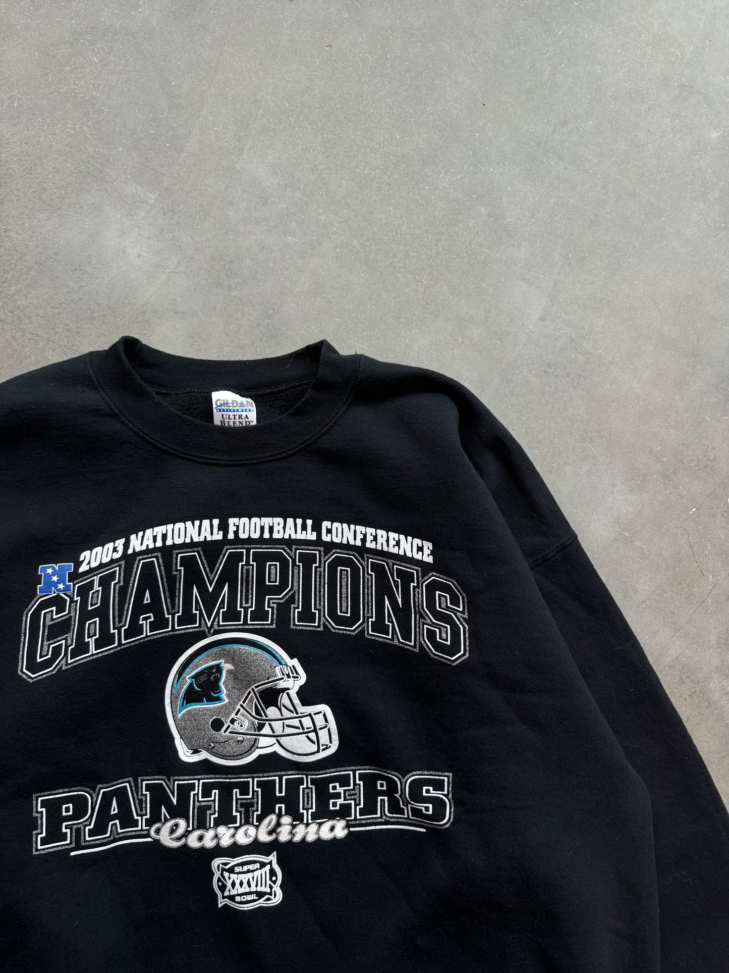 2003 Carolina Panthers Vintage NFC Champions Super Bowl XXXVIII Arch Logo NFL Crewneck (XL)