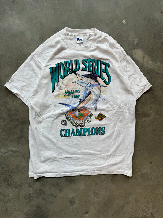 1997 Florida Marlins World Series Champions Vintage White Pro Player Realistic Graphic MLB Tee (XL)