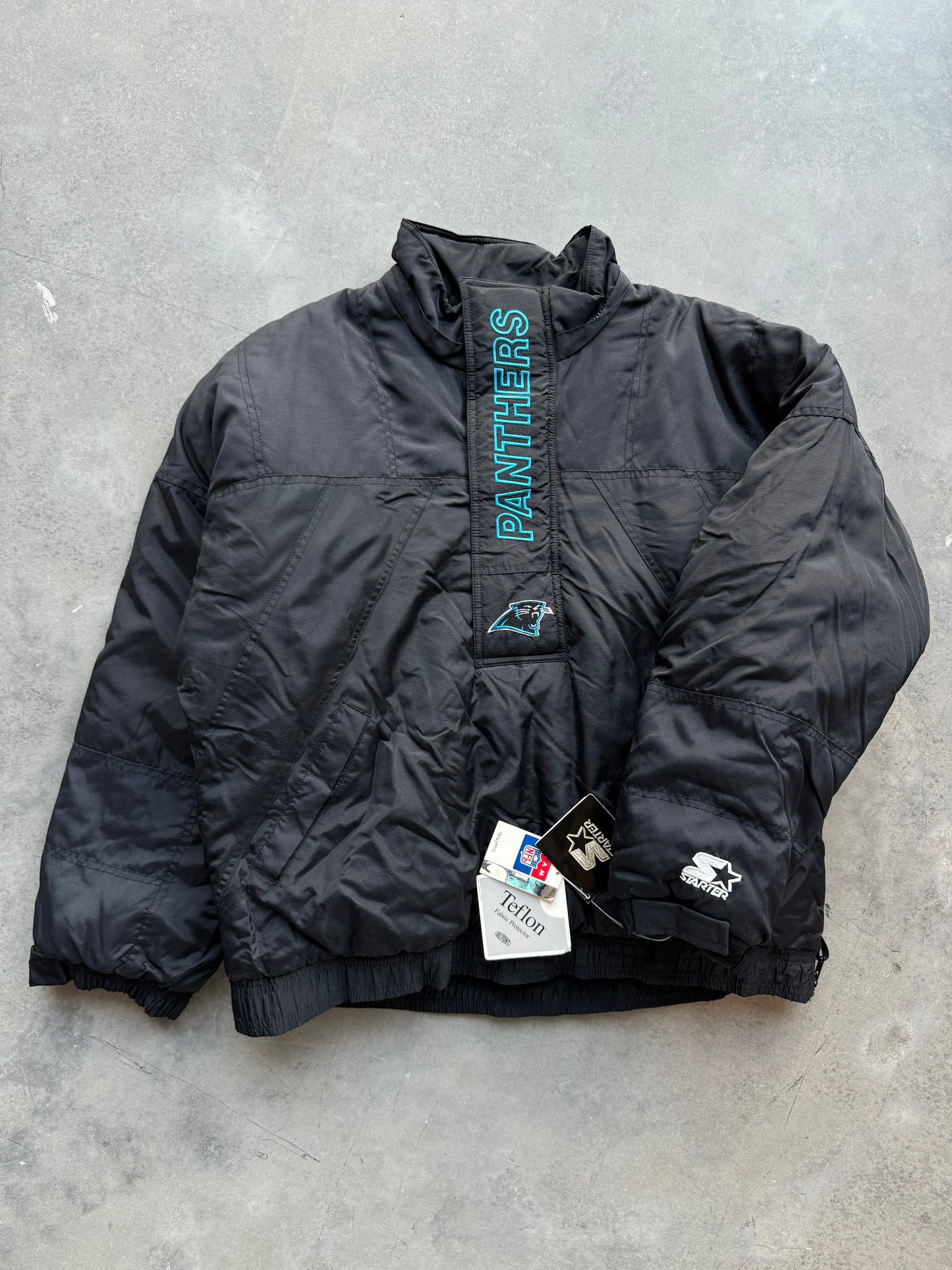 1995 Carolina Panthers Vintage Starter Big Logo Wordmark Half Zip NFL Puffer Jacket - Deadstock (Medium)