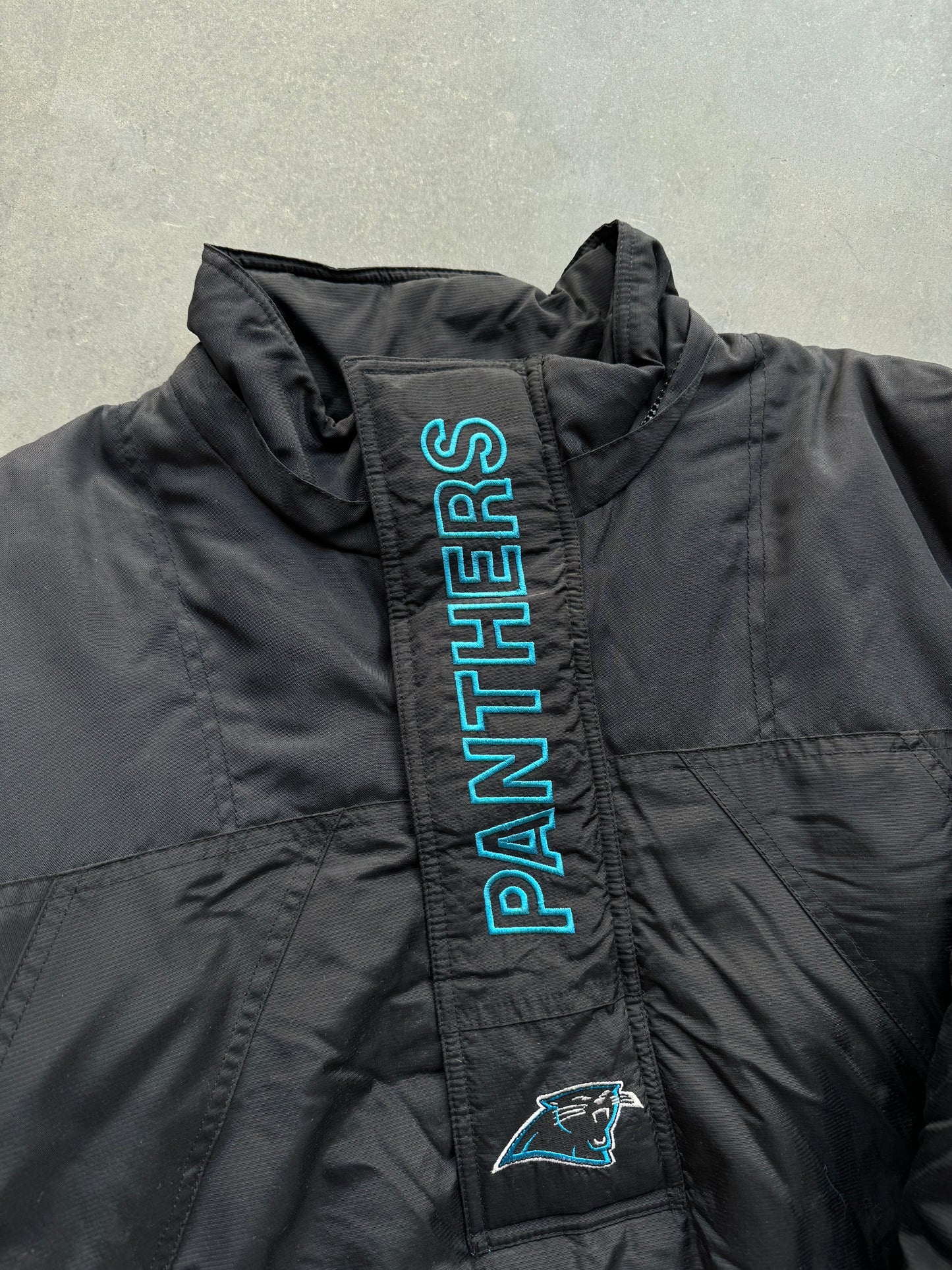 1995 Carolina Panthers Vintage Starter Big Logo Wordmark Half Zip NFL Puffer Jacket - Deadstock (Medium)