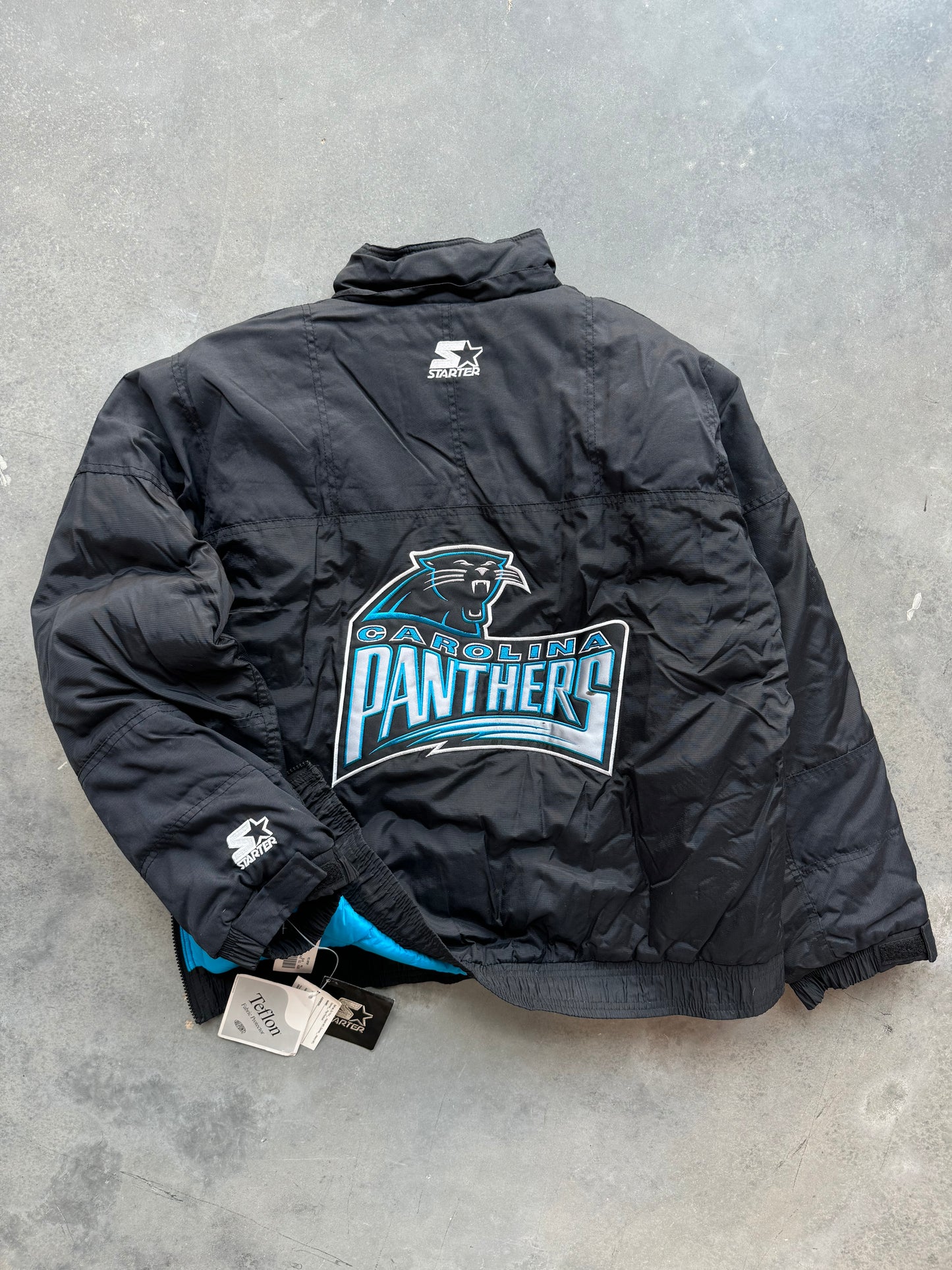 1995 Carolina Panthers Vintage Starter Big Logo Wordmark Half Zip NFL Puffer Jacket - Deadstock (Medium)