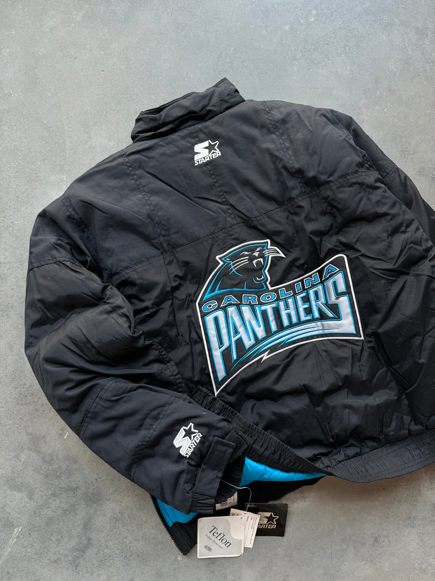 1995 Carolina Panthers Vintage Starter Big Logo Wordmark Half Zip NFL Puffer Jacket - Deadstock (Medium)