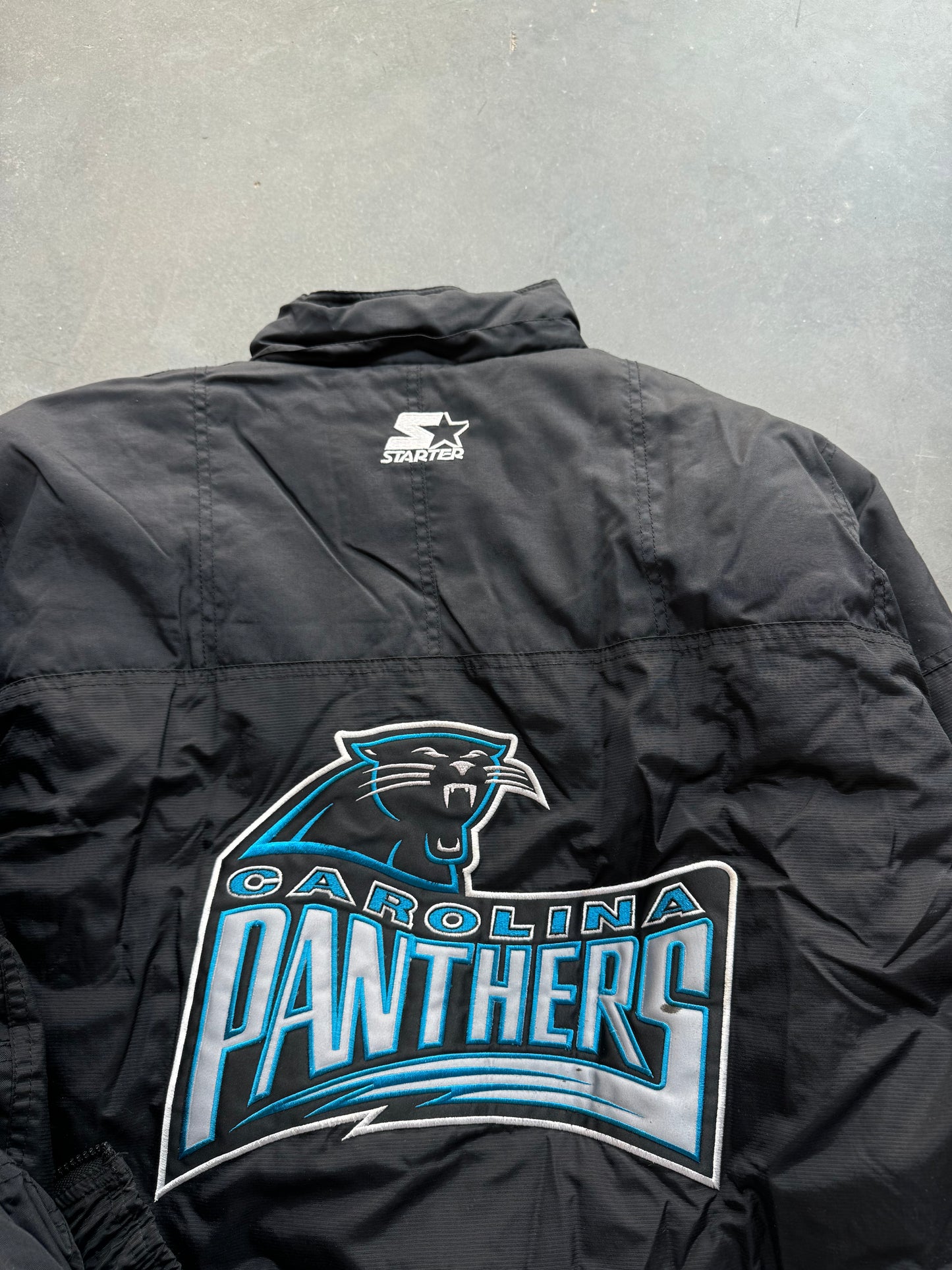 1995 Carolina Panthers Vintage Starter Big Logo Wordmark Half Zip NFL Puffer Jacket - Deadstock (Medium)