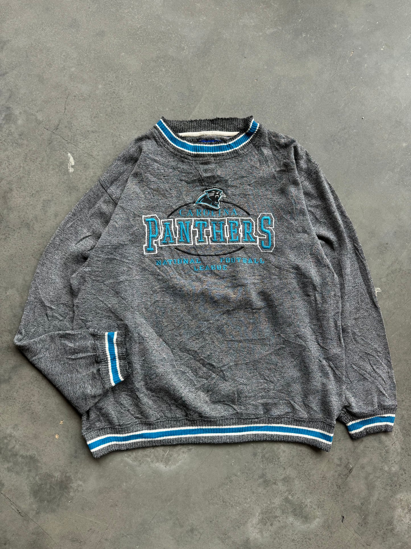 90’s Carolina Panthers Vintage Logo Athletic Ribbed Embroidered Heavyweight NFL Crewneck (Large)