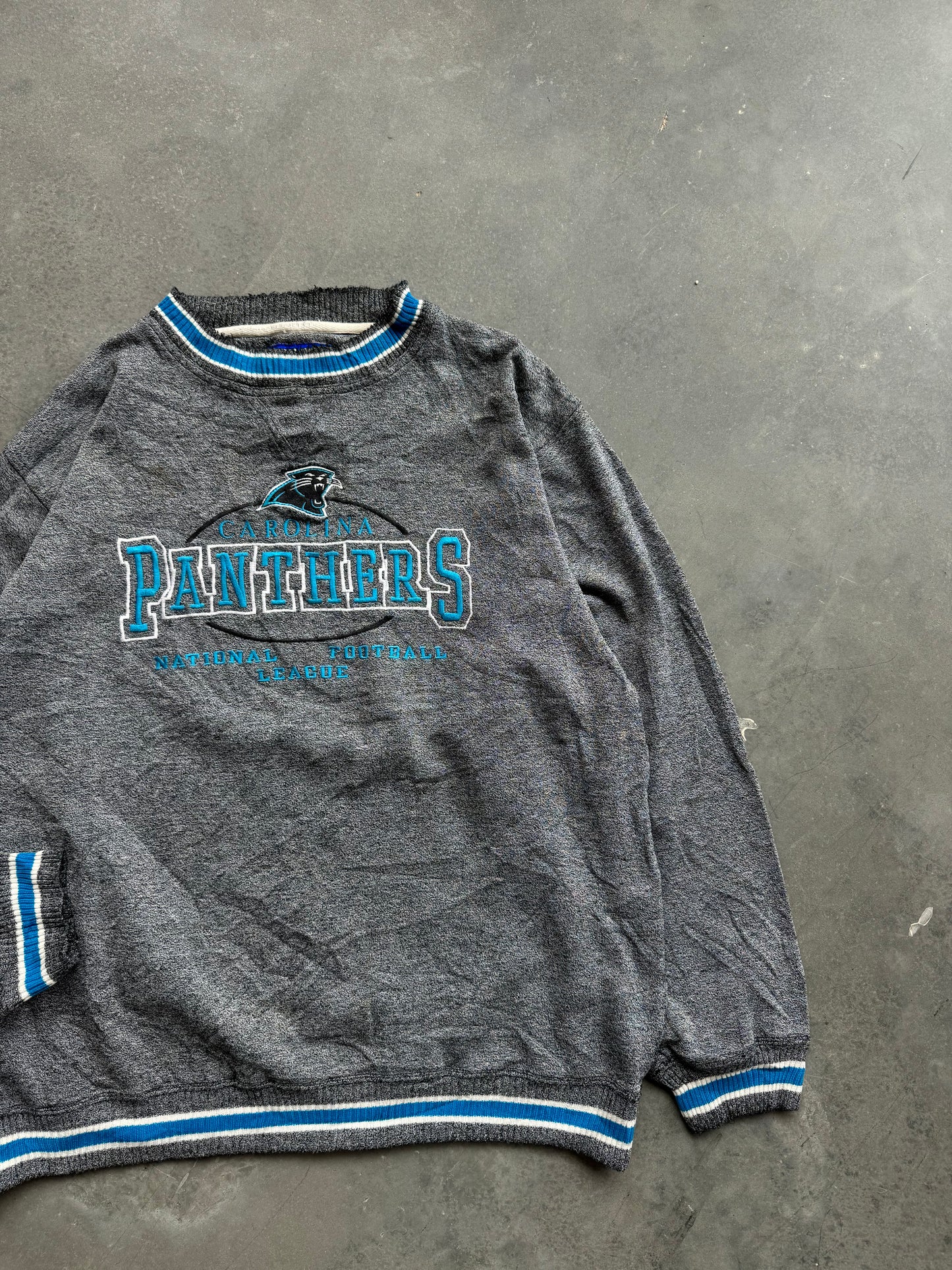 90’s Carolina Panthers Vintage Logo Athletic Ribbed Embroidered Heavyweight NFL Crewneck (Large)