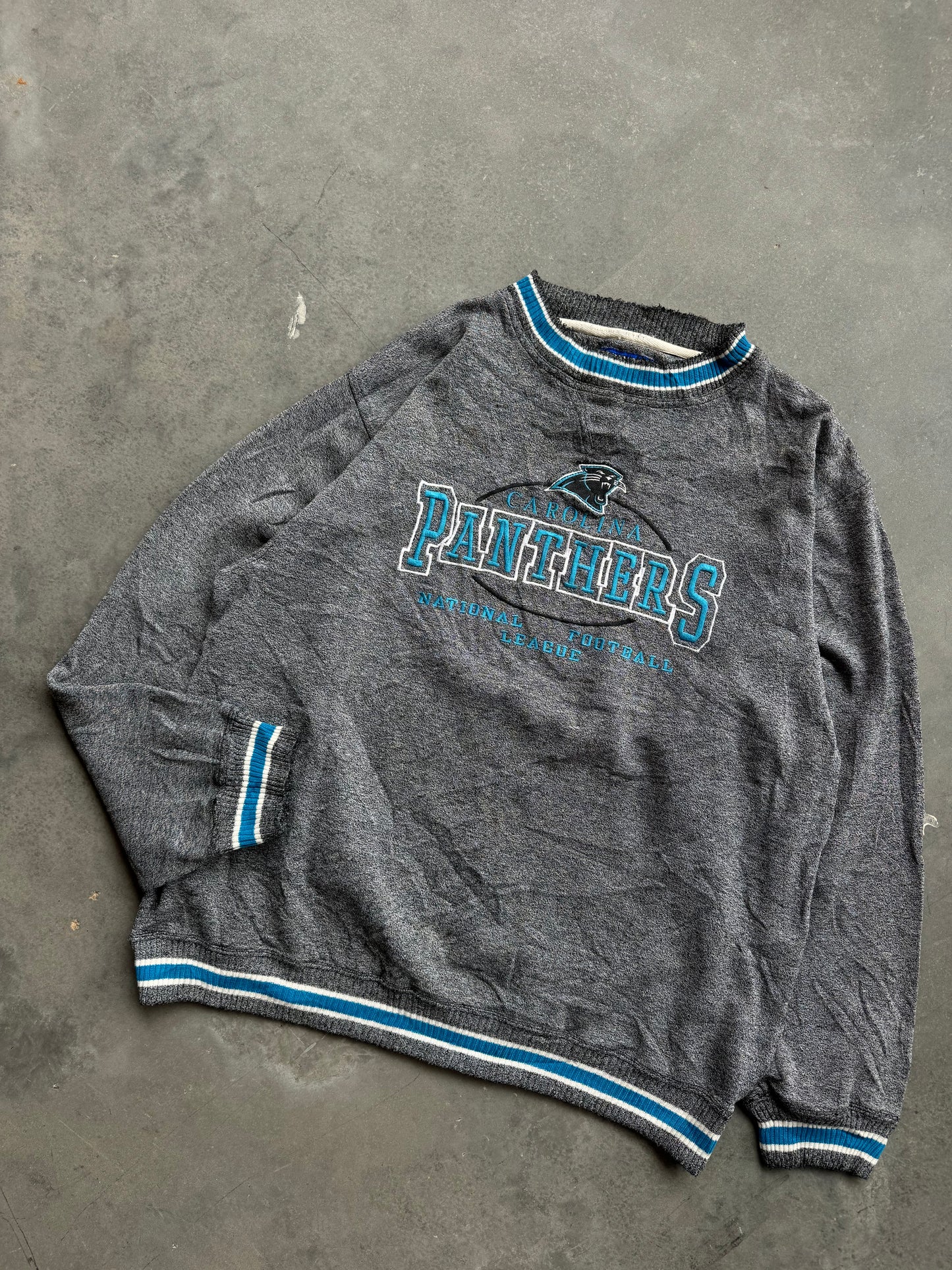 90’s Carolina Panthers Vintage Logo Athletic Ribbed Embroidered Heavyweight NFL Crewneck (Large)