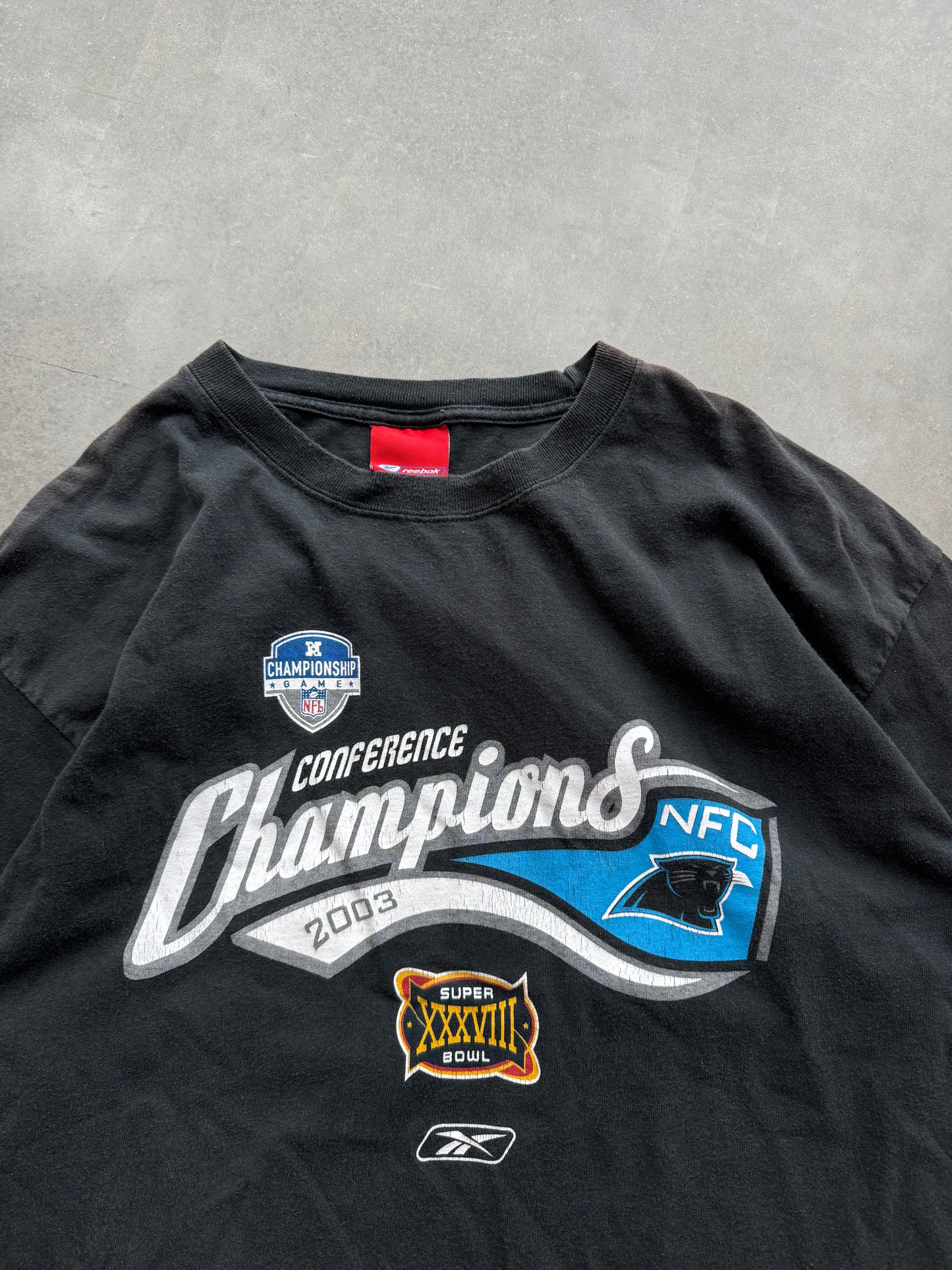 2003 Carolina Panthers Vintage Reebok NFC Champions Script NFL Tee (XL)