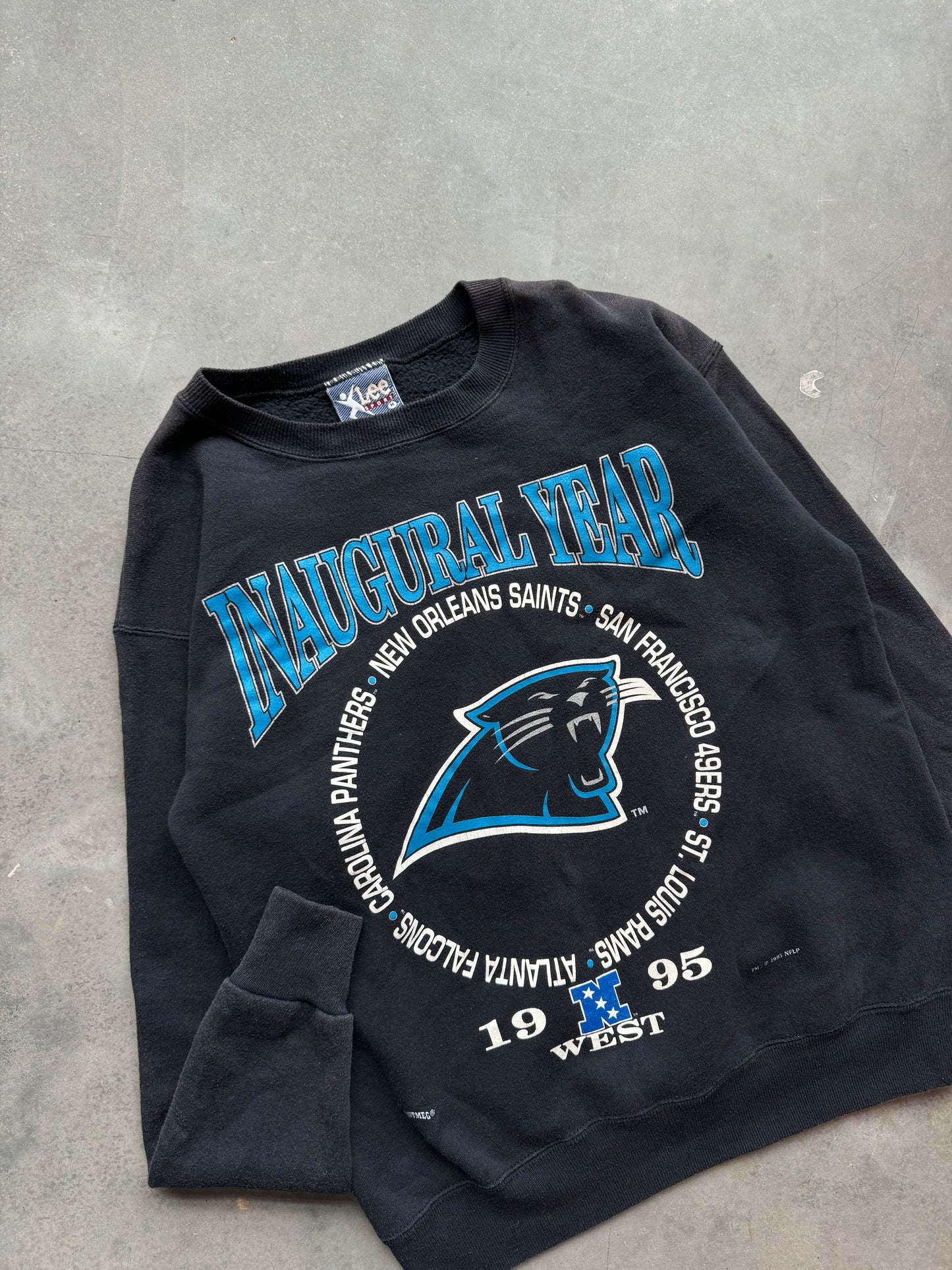 1995 Carolina Panthers Inaugural Season Block Letter Sphere Spellout Vintage NFL Lee Sport Crewneck (Medium)