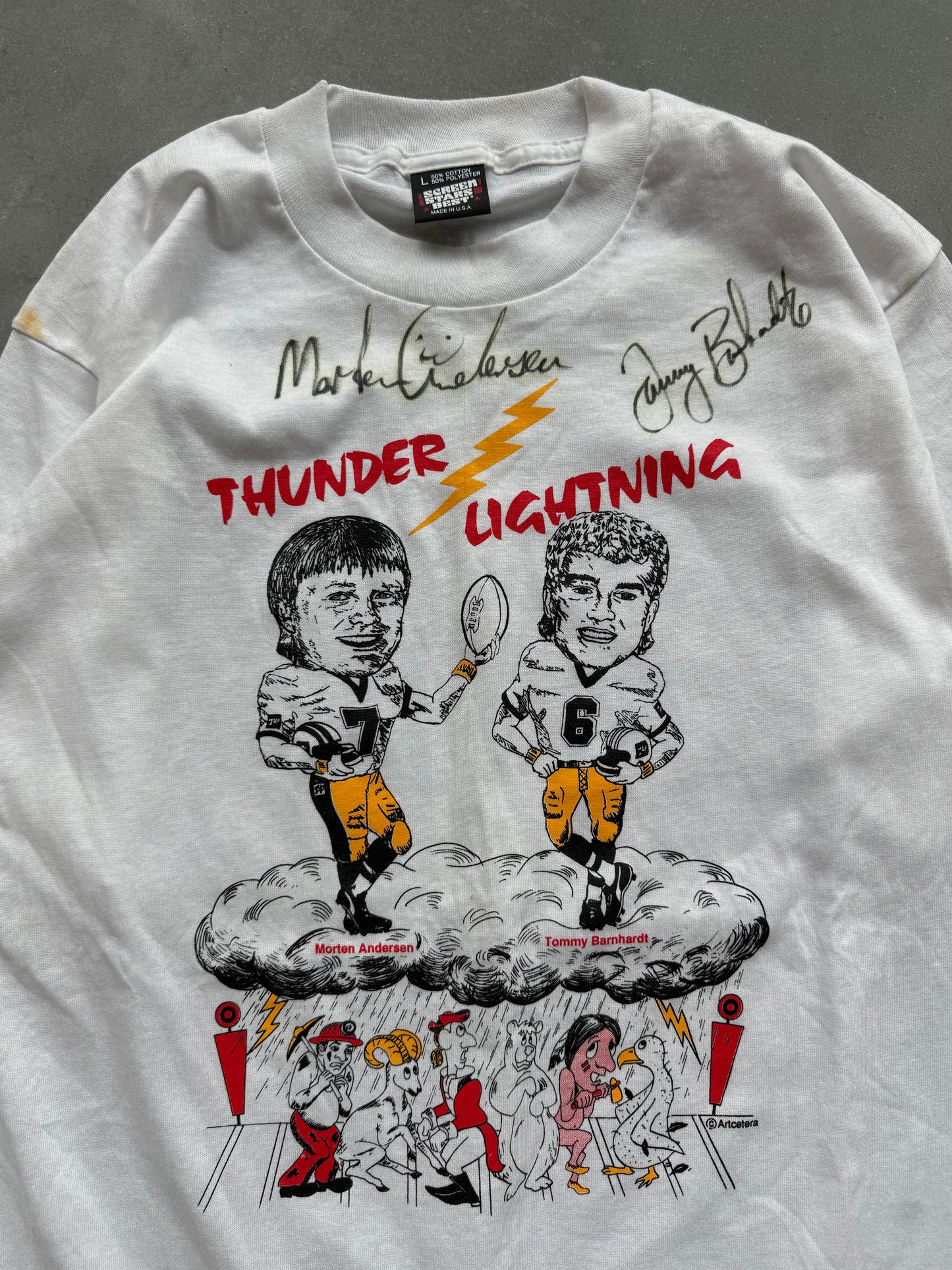 90’s New Orleans Saints Vintage “Thunder and Lighting” Morten Anderson Tommy Barnhardt Signed NFL Tee (Large)