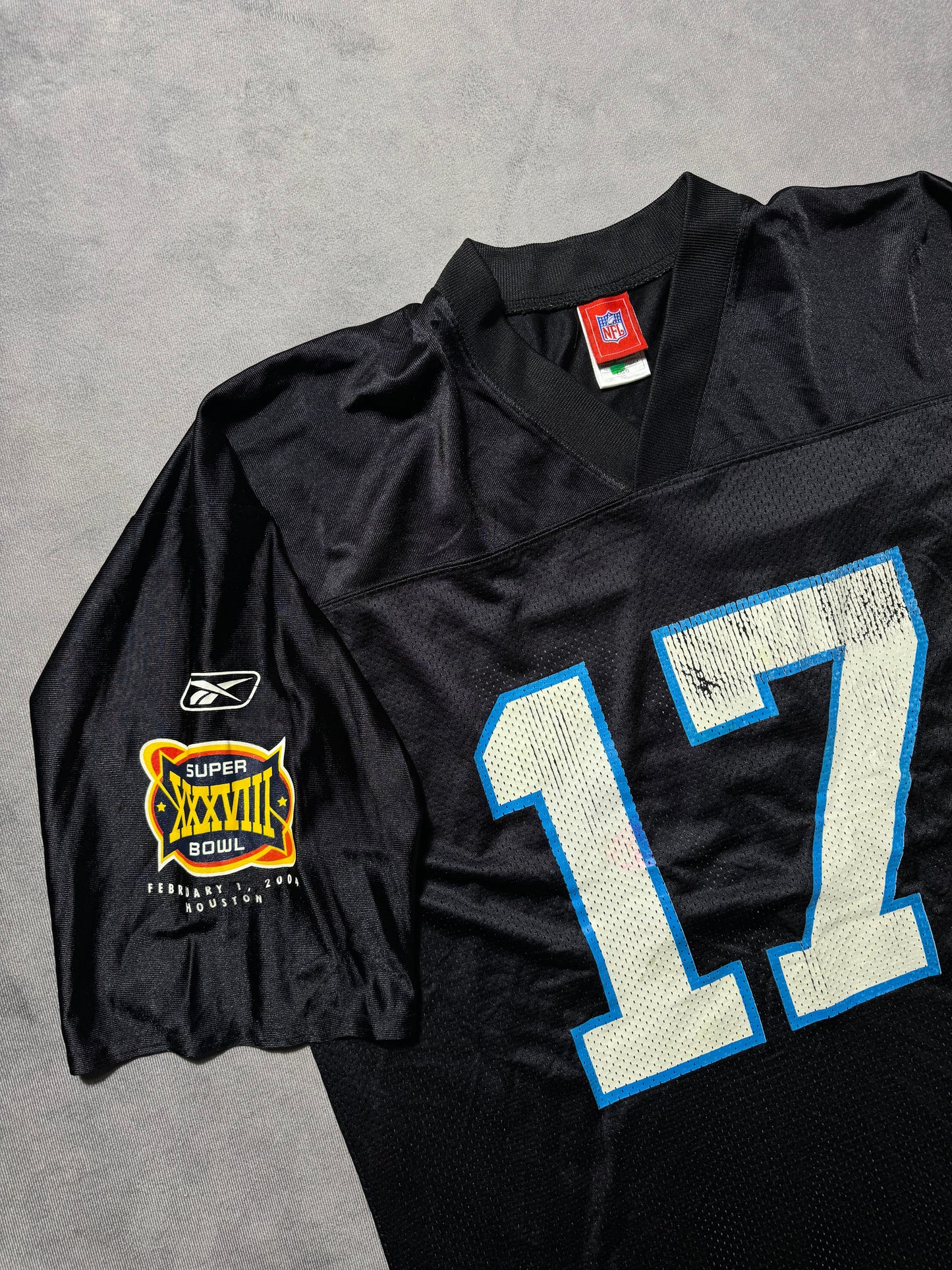 2004 Carolina Panthers Jake Delhomme Vintage Black Reebok Super Bowl XXXVIII NFL Jersey (Large)