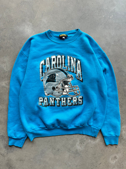 1993 Carolina Panthers Vintage Arch Helmet Spellout Hummer Sportswear Electric Blue NFL Crewneck (XL)