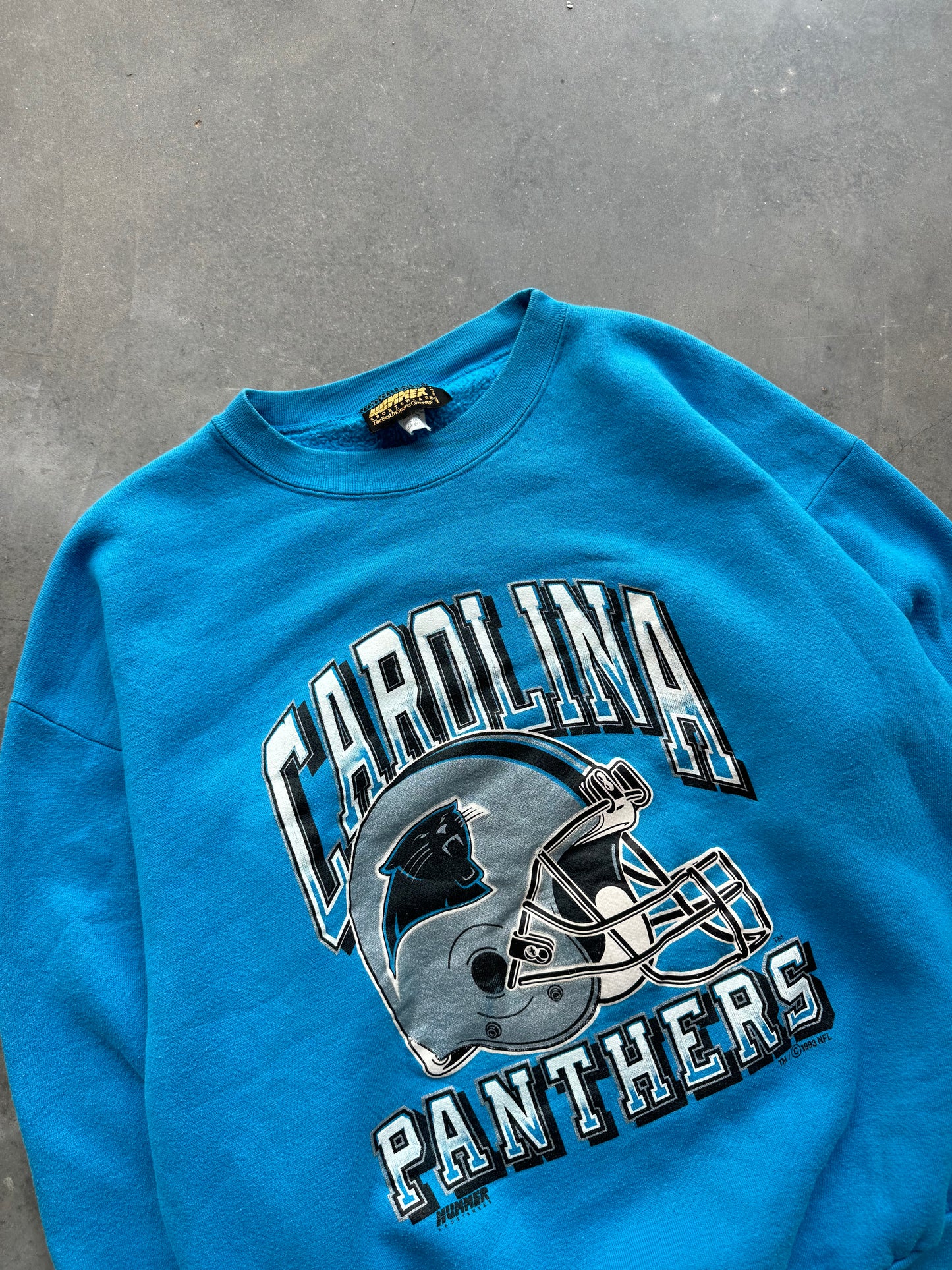 1993 Carolina Panthers Vintage Arch Helmet Spellout Hummer Sportswear Electric Blue NFL Crewneck (XL)