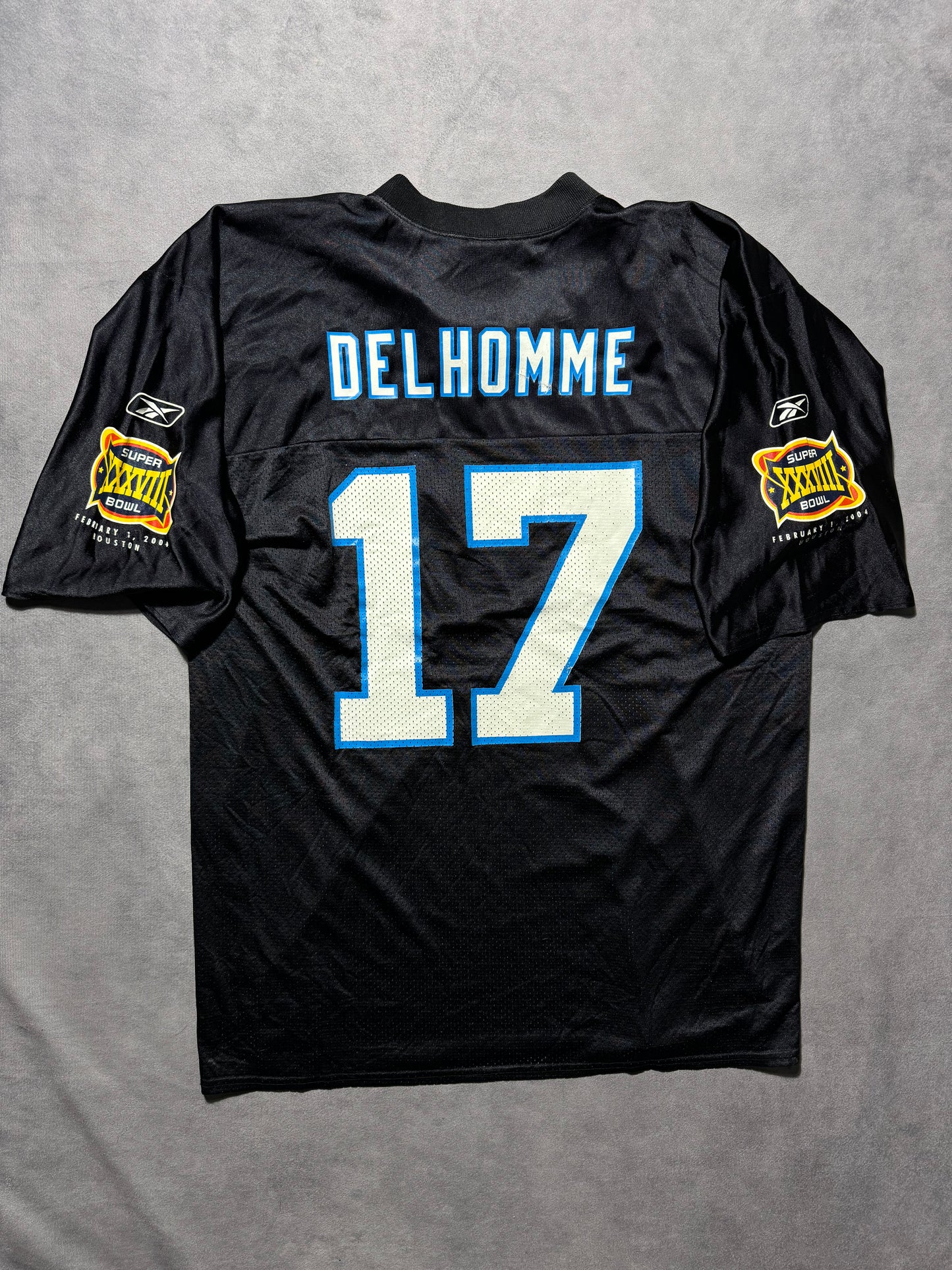 2004 Carolina Panthers Jake Delhomme Vintage Black Reebok Super Bowl XXXVIII NFL Jersey (Large)