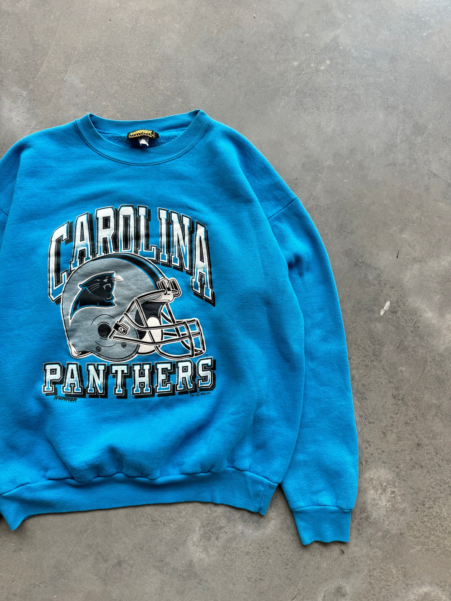 1993 Carolina Panthers Vintage Arch Helmet Spellout Hummer Sportswear Electric Blue NFL Crewneck (XL)