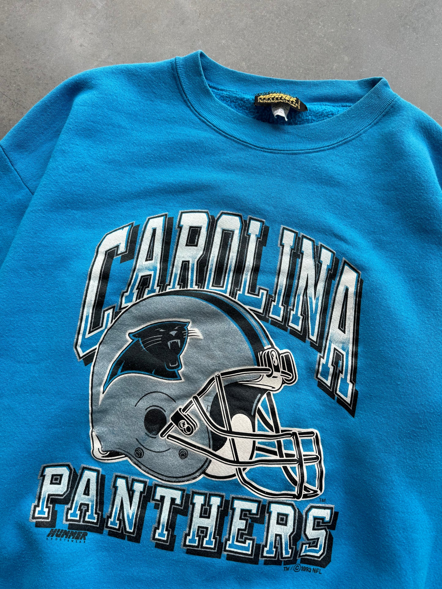 1993 Carolina Panthers Vintage Arch Helmet Spellout Hummer Sportswear Electric Blue NFL Crewneck (XL)