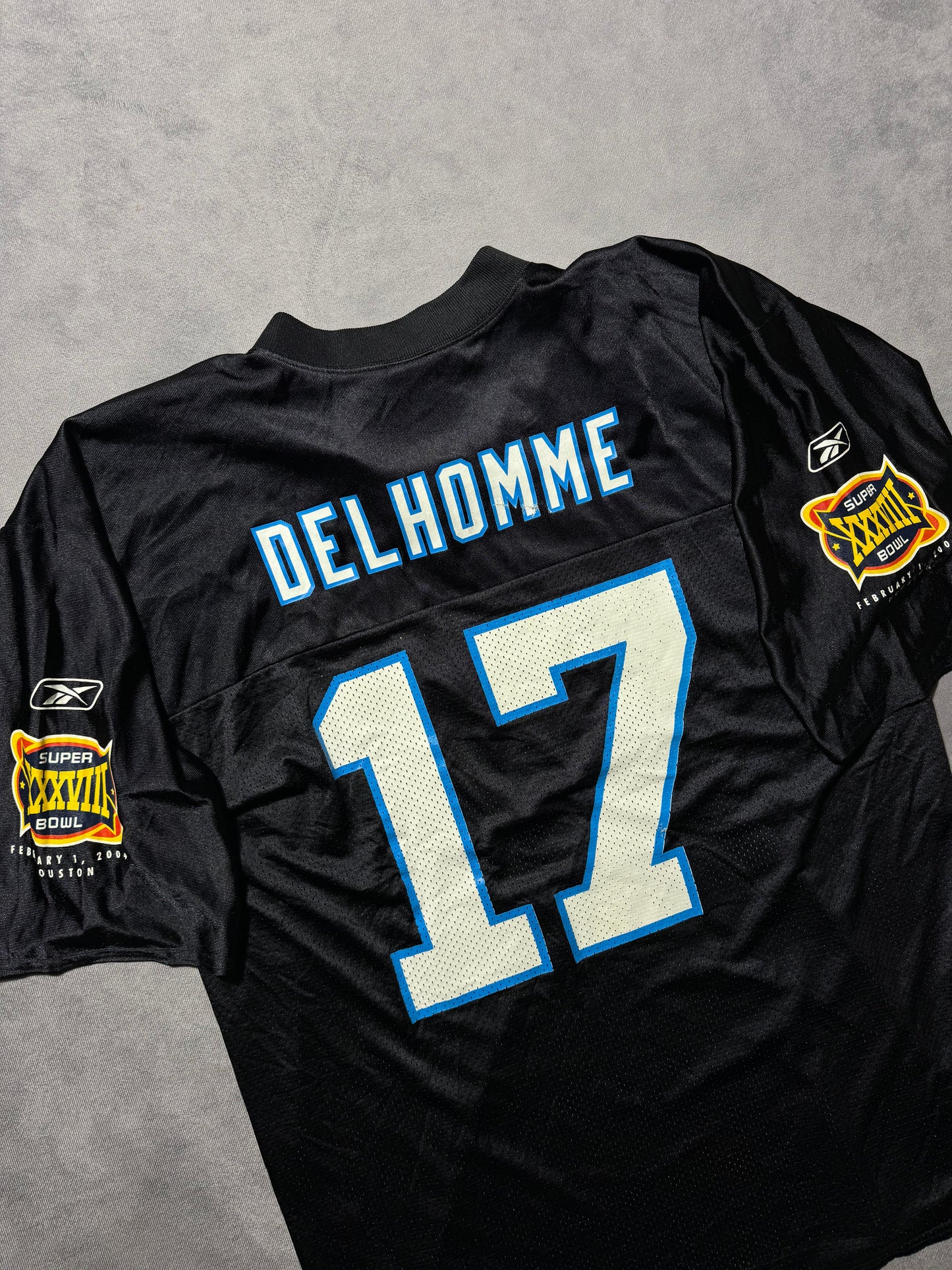 2004 Carolina Panthers Jake Delhomme Vintage Black Reebok Super Bowl XXXVIII NFL Jersey (Large)