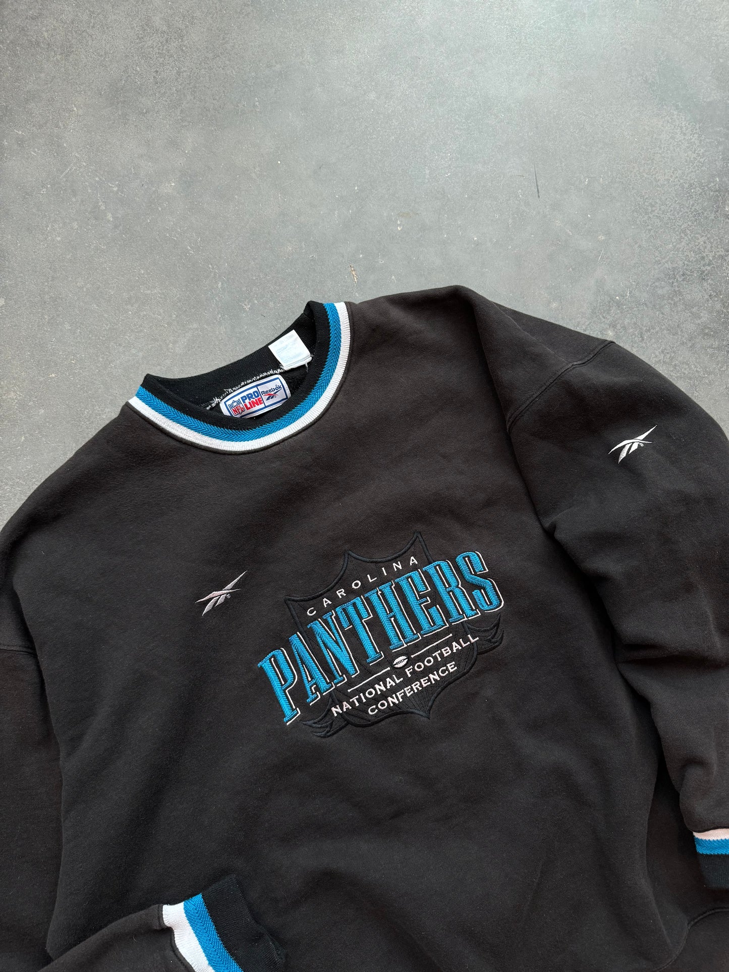 90’s Carolina Panthers Vintage Reebok NFL Pro Line Ultra Heavyweight Embroidered Ribbed NFL Crewneck (XXL)