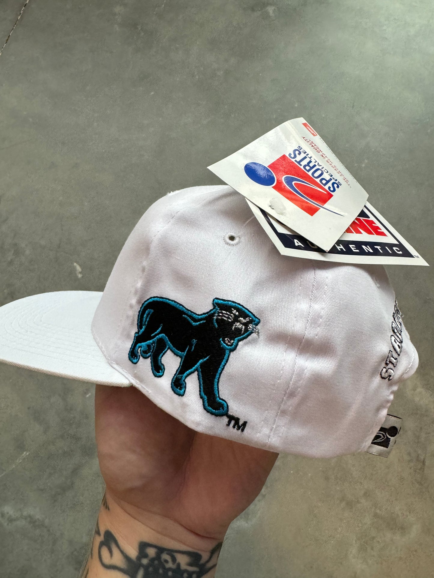 1995 Carolina Panthers Inaugural Season at Clemson University Full Cat Alternate Logo Vintage Sports Specialties White NFL Snapback Hat - Deadstock (OSFA)