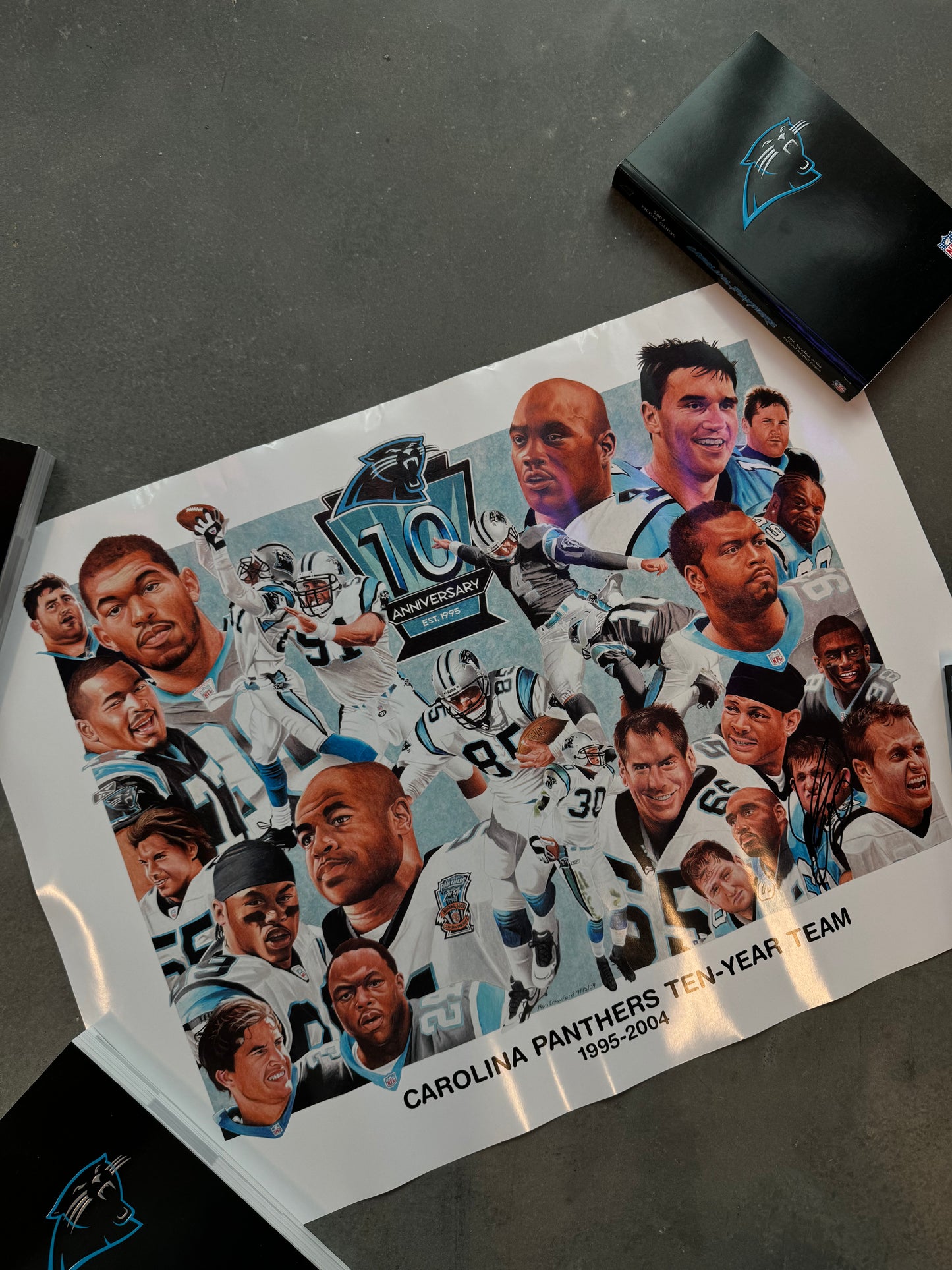 2004 Carolina Panthers Vintage 10th Anniversary Year “Ten Year Team” Caricature NFL Poster (18” x 24”)