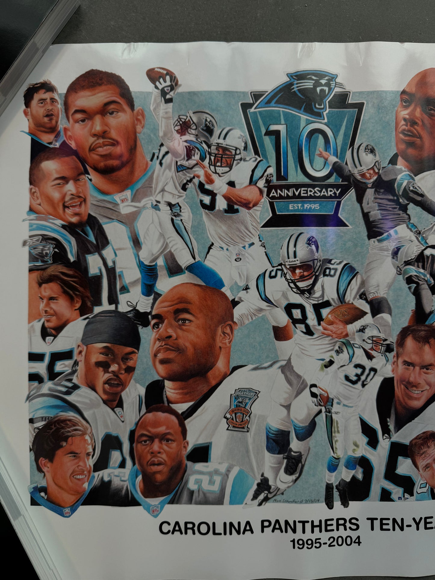 2004 Carolina Panthers Vintage 10th Anniversary Year “Ten Year Team” Caricature NFL Poster (18” x 24”)