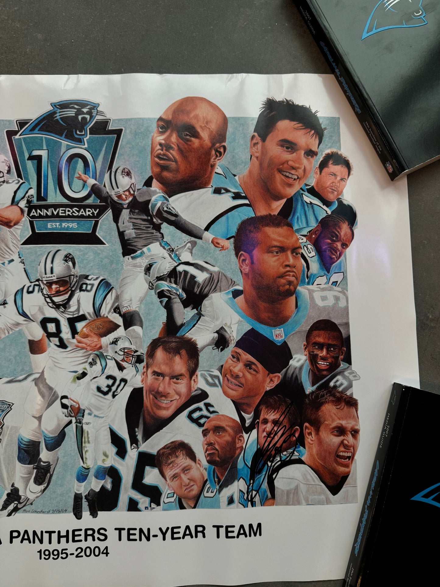 2004 Carolina Panthers Vintage 10th Anniversary Year “Ten Year Team” Caricature NFL Poster (18” x 24”)