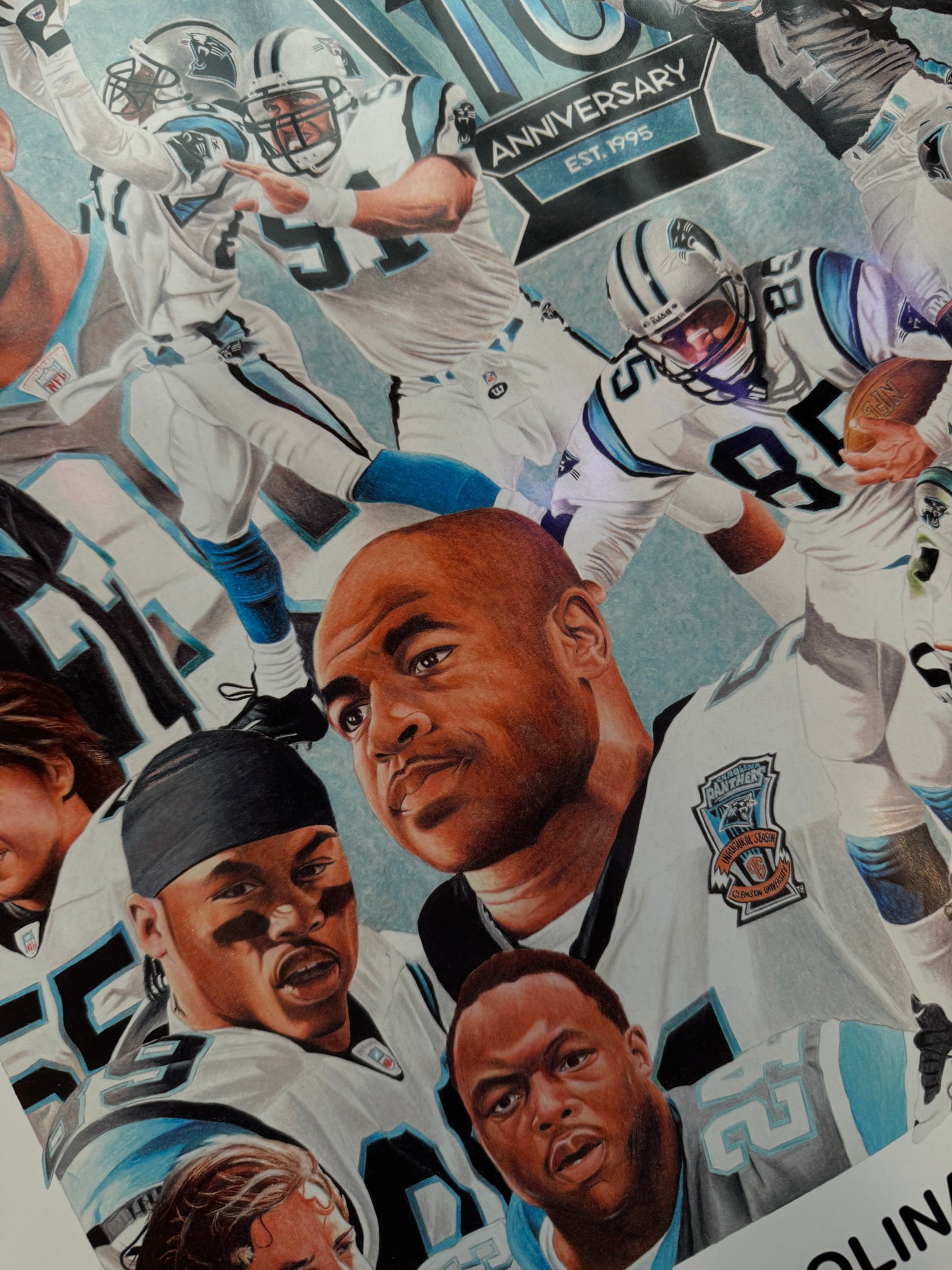 2004 Carolina Panthers Vintage 10th Anniversary Year “Ten Year Team” Caricature NFL Poster (18” x 24”)