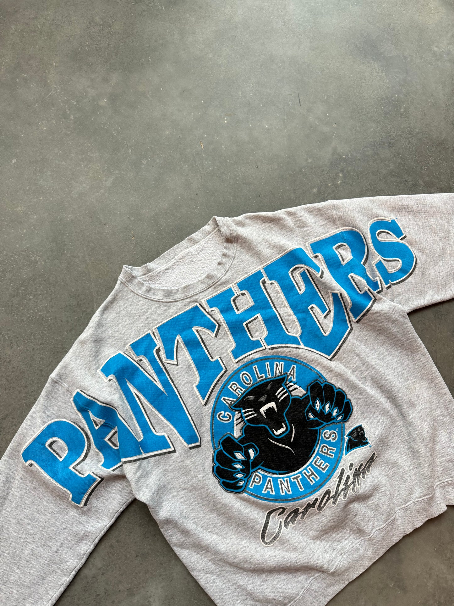 90’s Carolina Panthers Vintage Shoulder to Shoulder Roaring Cat Spellout NFL Crewneck (Medium)