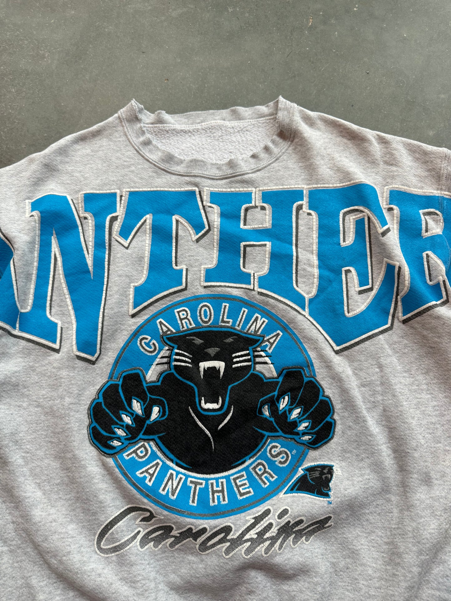 90’s Carolina Panthers Vintage Shoulder to Shoulder Roaring Cat Spellout NFL Crewneck (Medium)