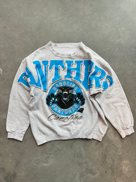 90’s Carolina Panthers Vintage Shoulder to Shoulder Roaring Cat Spellout NFL Crewneck (Medium)