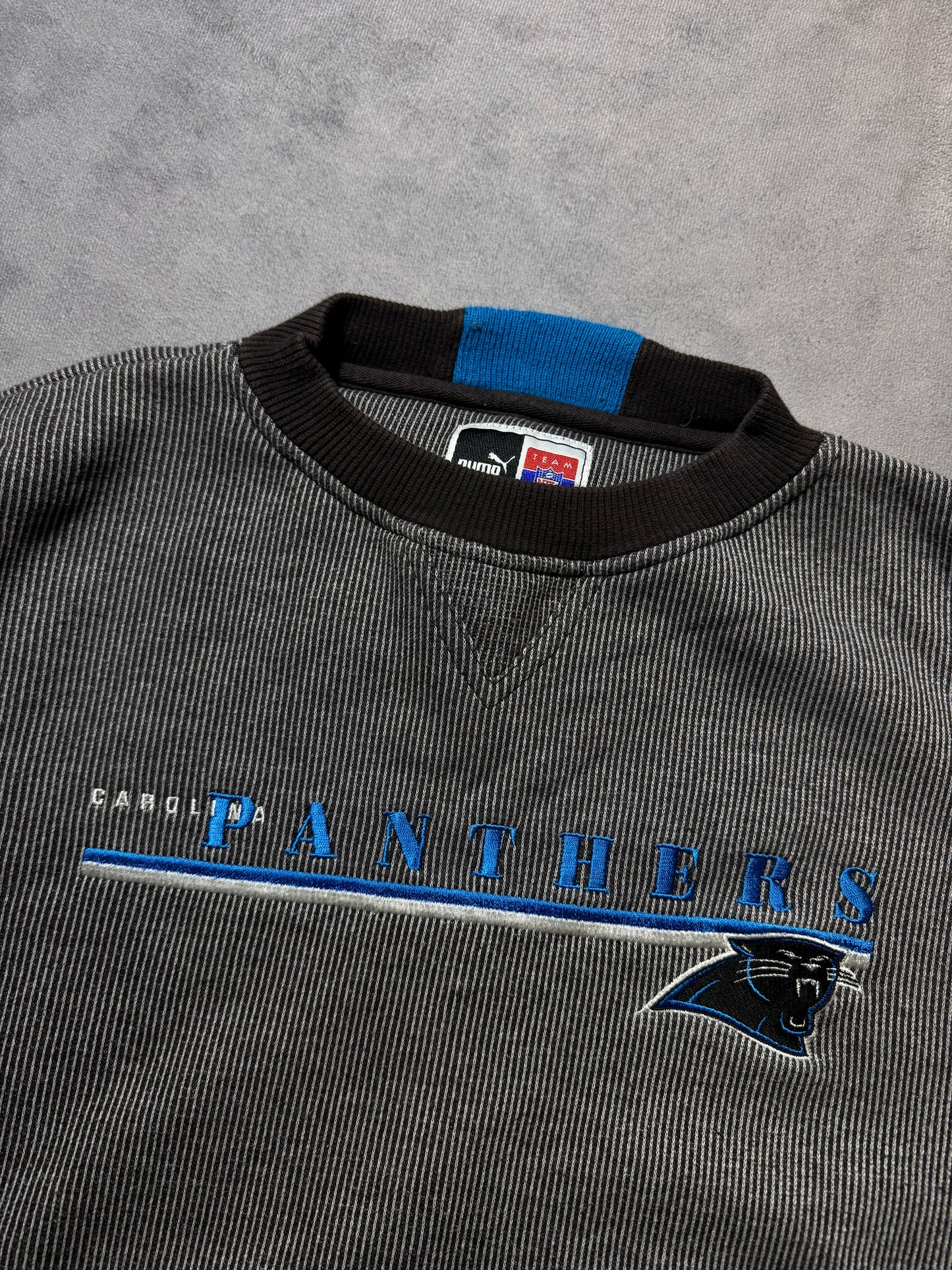 90’s Carolina Panthers Vintage Puma Striped Embroidered NFL Spellout Crewneck (Boxy Large)