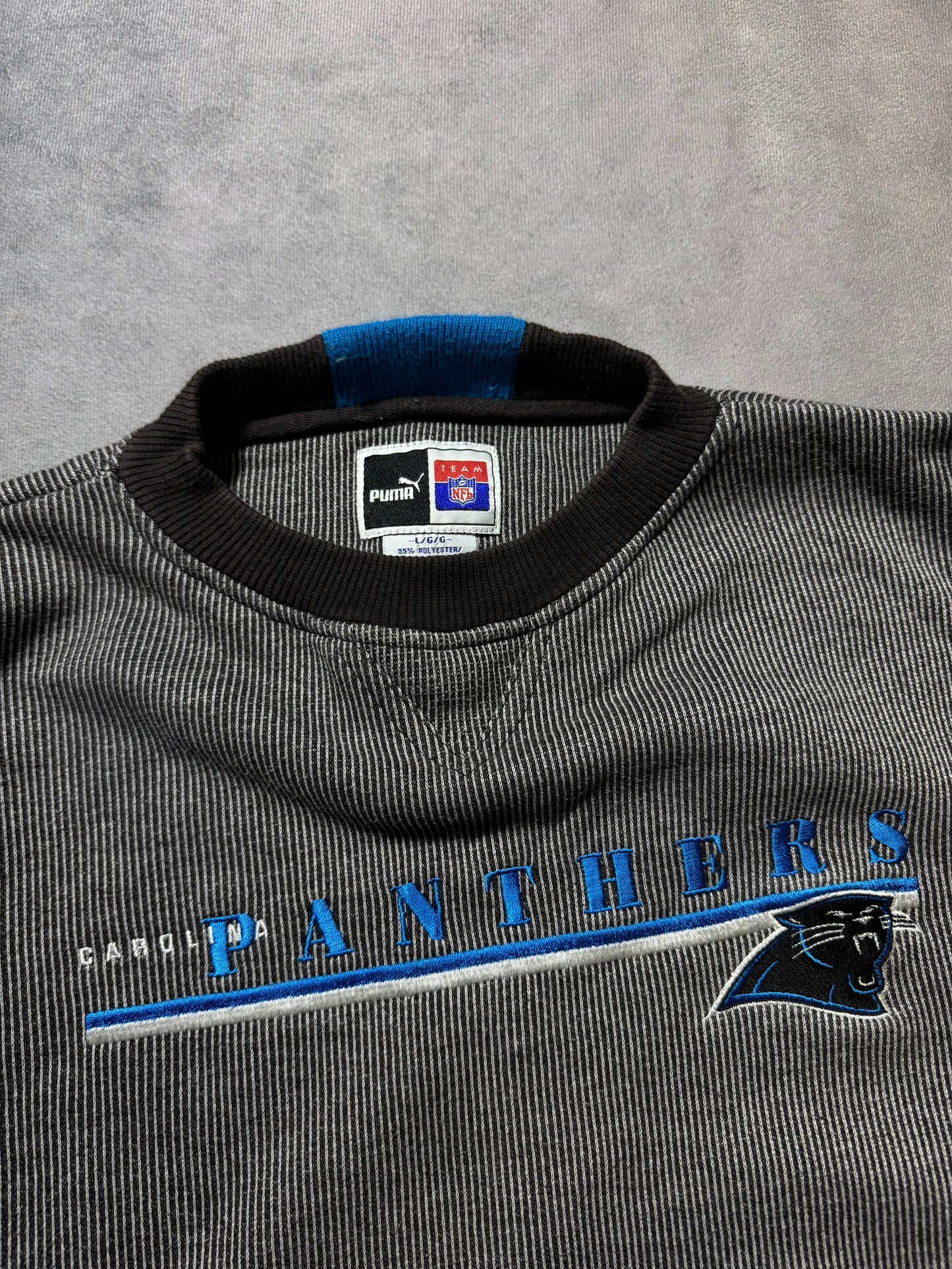 90’s Carolina Panthers Vintage Puma Striped Embroidered NFL Spellout Crewneck (Boxy Large)