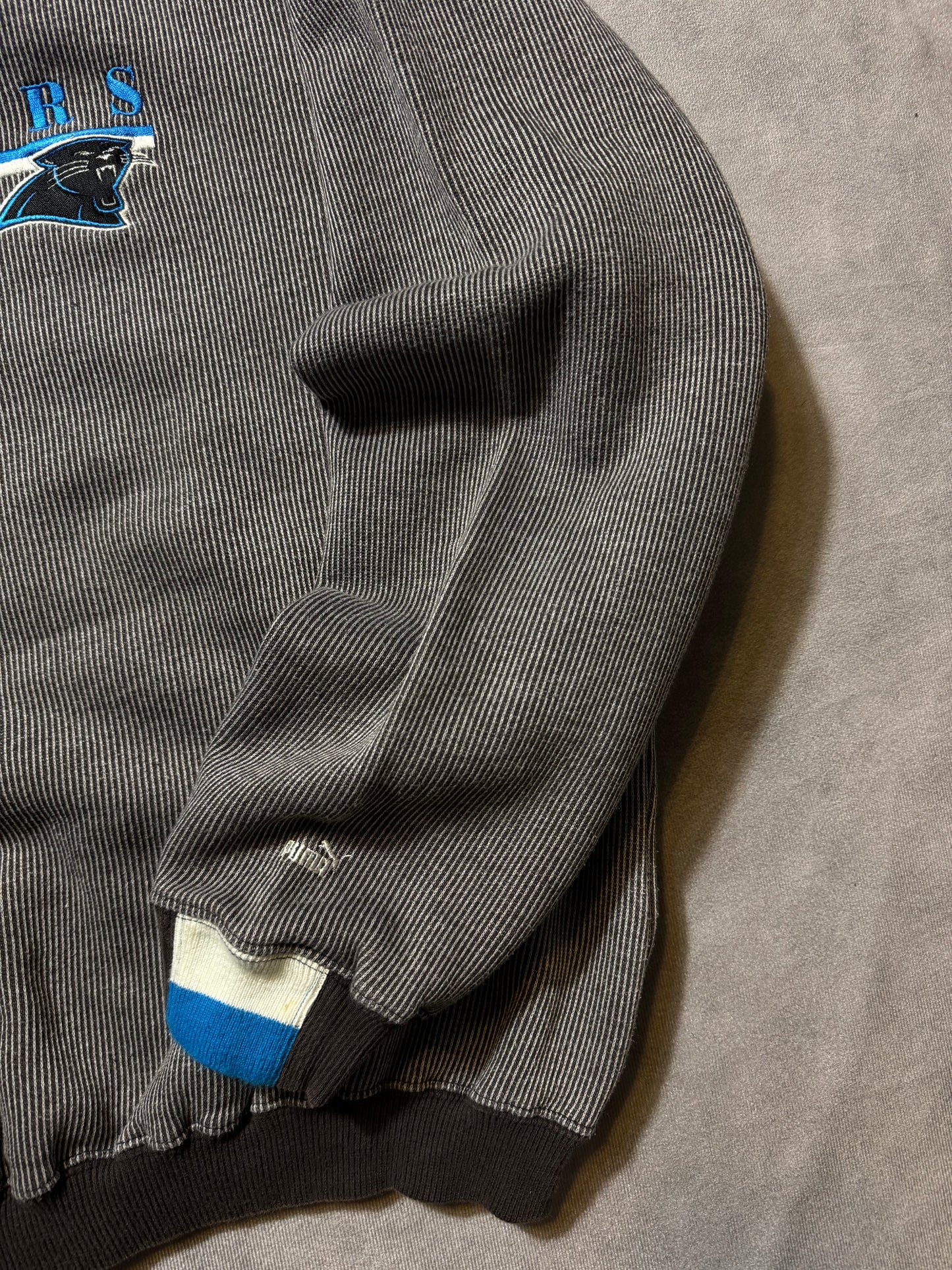 90’s Carolina Panthers Vintage Puma Striped Embroidered NFL Spellout Crewneck (Boxy Large)