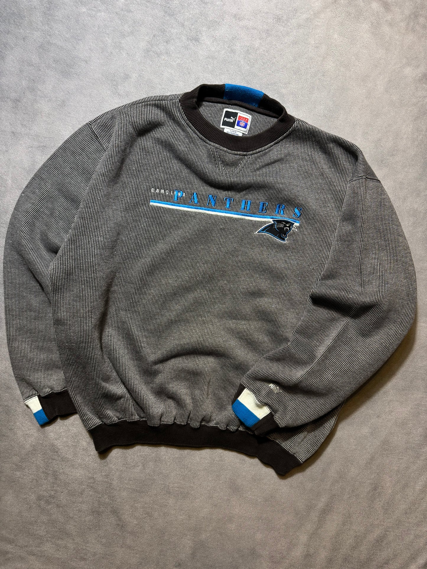 90’s Carolina Panthers Vintage Puma Striped Embroidered NFL Spellout Crewneck (Boxy Large)