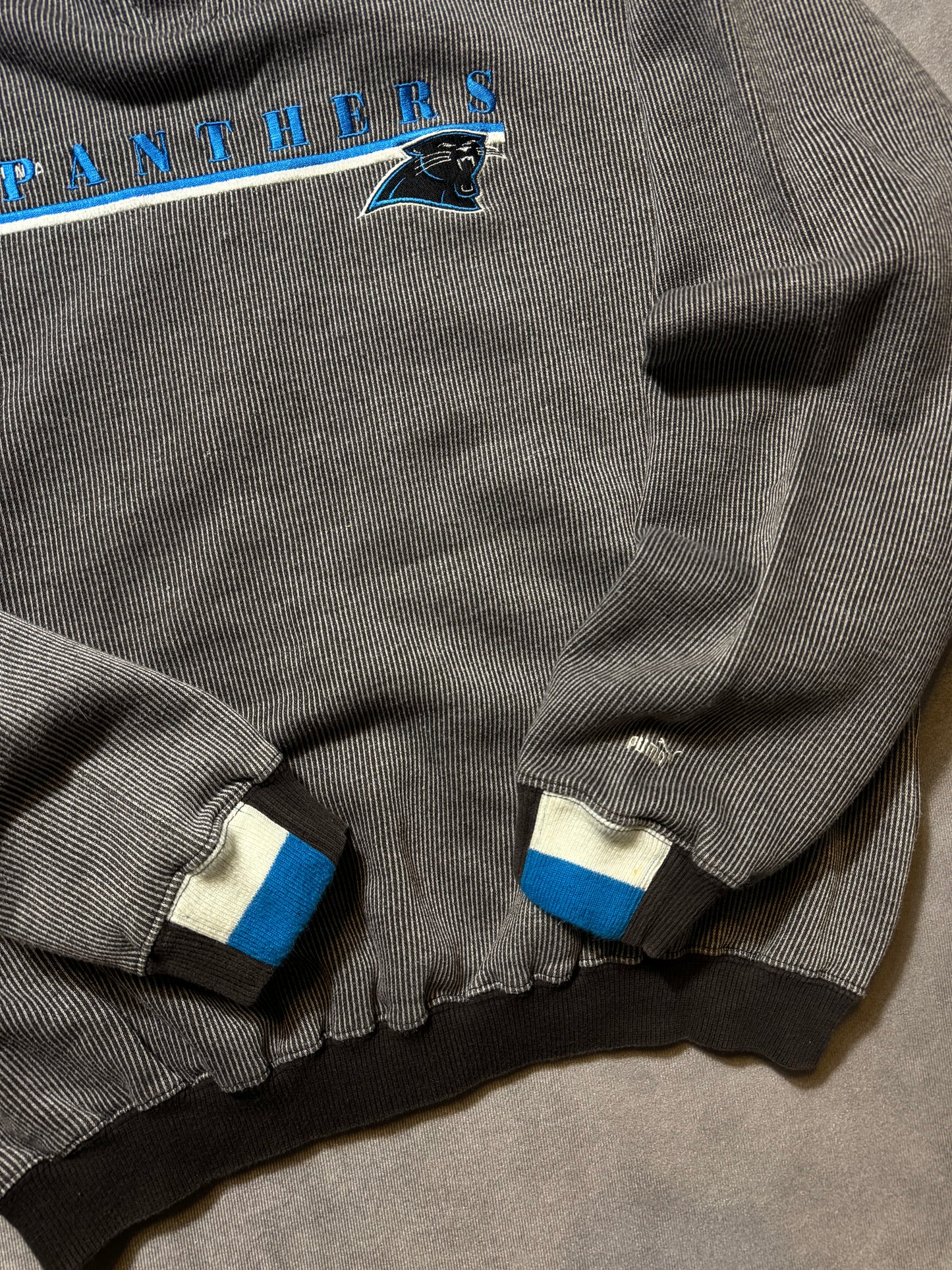 90’s Carolina Panthers Vintage Puma Striped Embroidered NFL Spellout Crewneck (Boxy Large)
