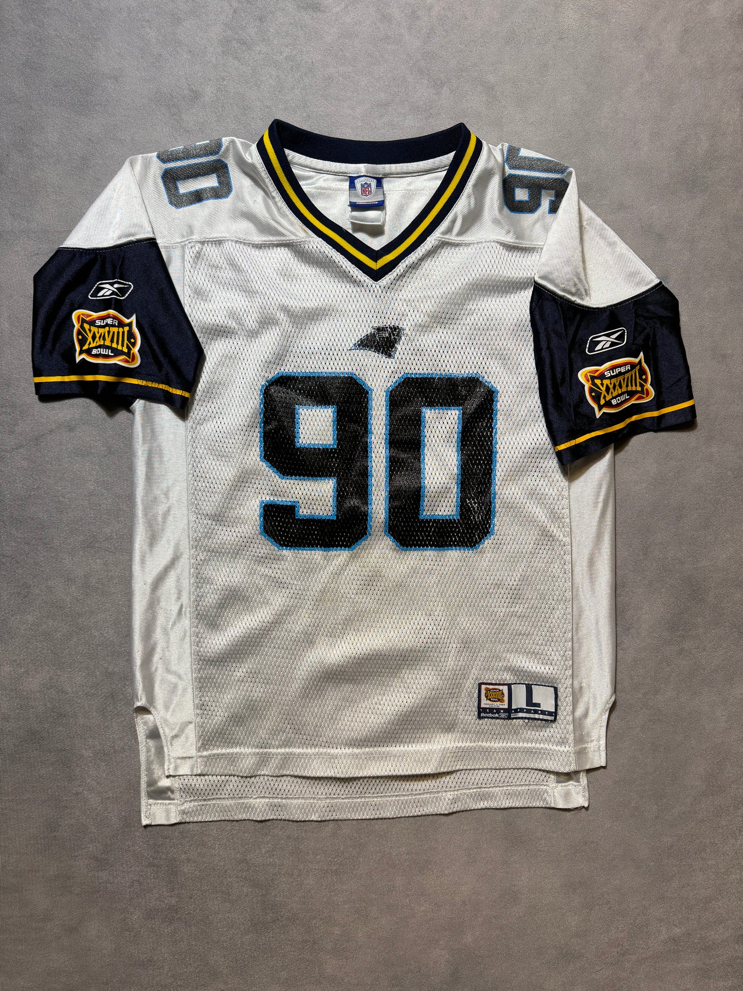 2004 Carolina Panthers Julius Peppers Vintage White Reebok Super Bowl XXXVIII NFL Jersey (Youth Large)