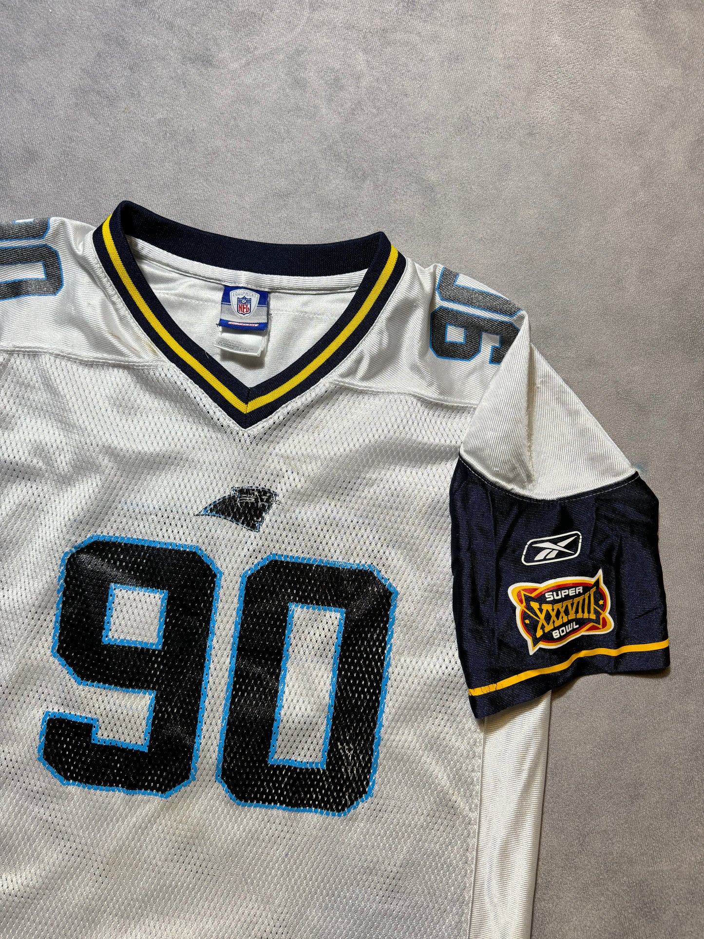 2004 Carolina Panthers Julius Peppers Vintage White Reebok Super Bowl XXXVIII NFL Jersey (Youth Large)