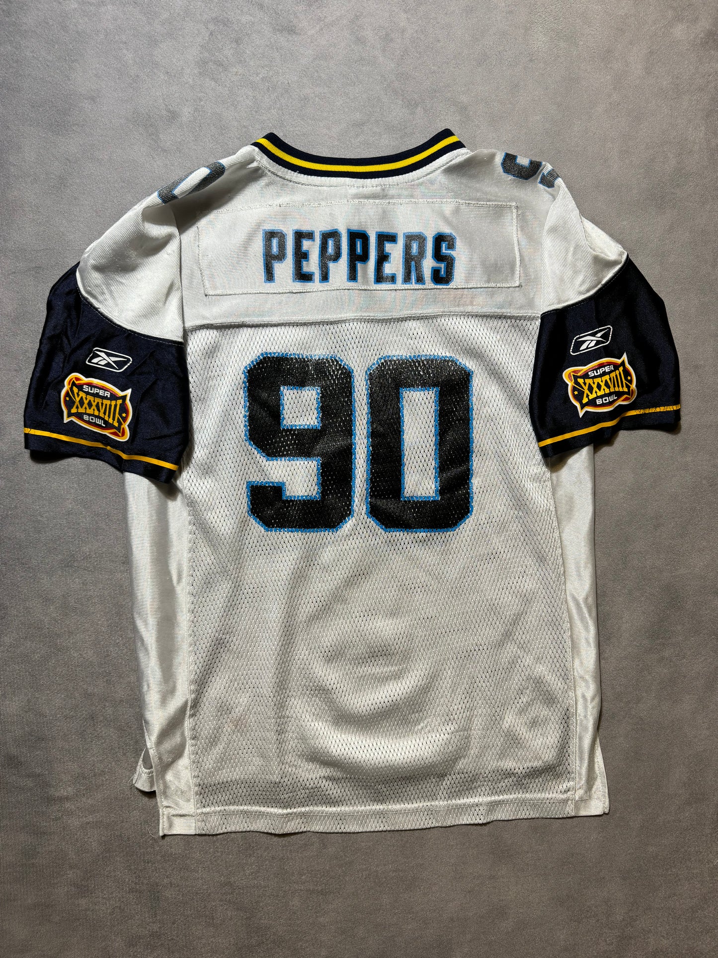 2004 Carolina Panthers Julius Peppers Vintage White Reebok Super Bowl XXXVIII NFL Jersey (Youth Large)