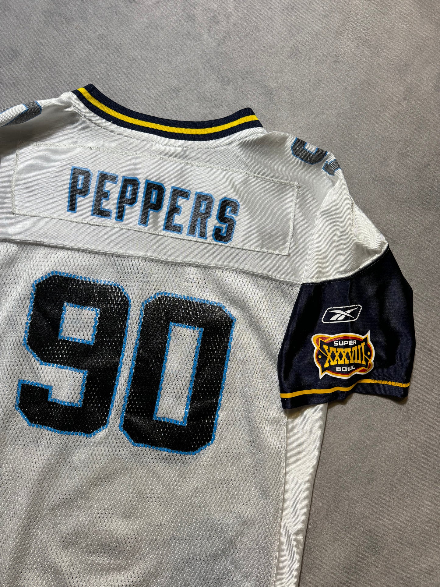 2004 Carolina Panthers Julius Peppers Vintage White Reebok Super Bowl XXXVIII NFL Jersey (Youth Large)