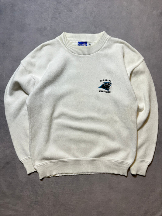 90’s Carolina Panthers Vintage White Nutmeg Mills Embroidered Plain Logo Woven Knit NFL Sweater (Medium)