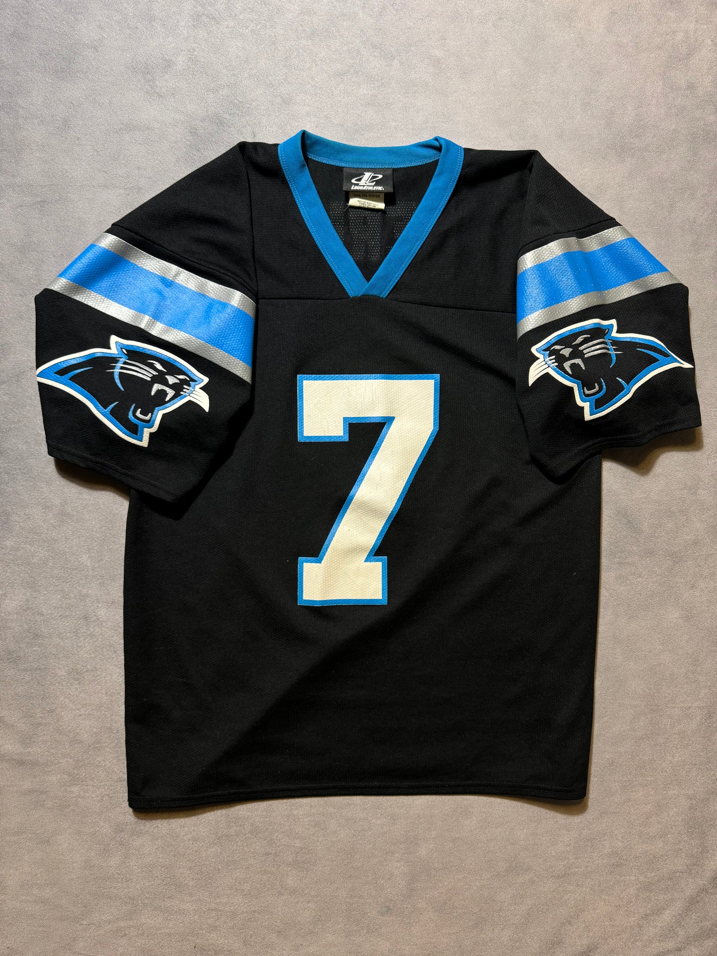 90’s Carolina Panthers Steve Beuerlein Vintage Black Logo Athletic NFL Jersey (Medium)