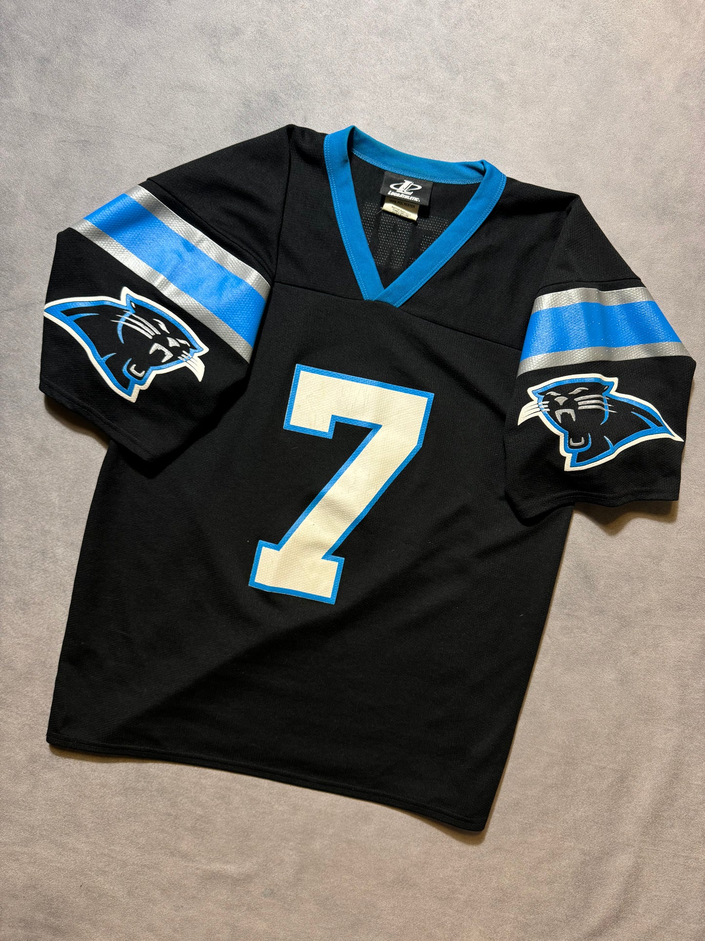 90’s Carolina Panthers Steve Beuerlein Vintage Black Logo Athletic NFL Jersey (Medium)