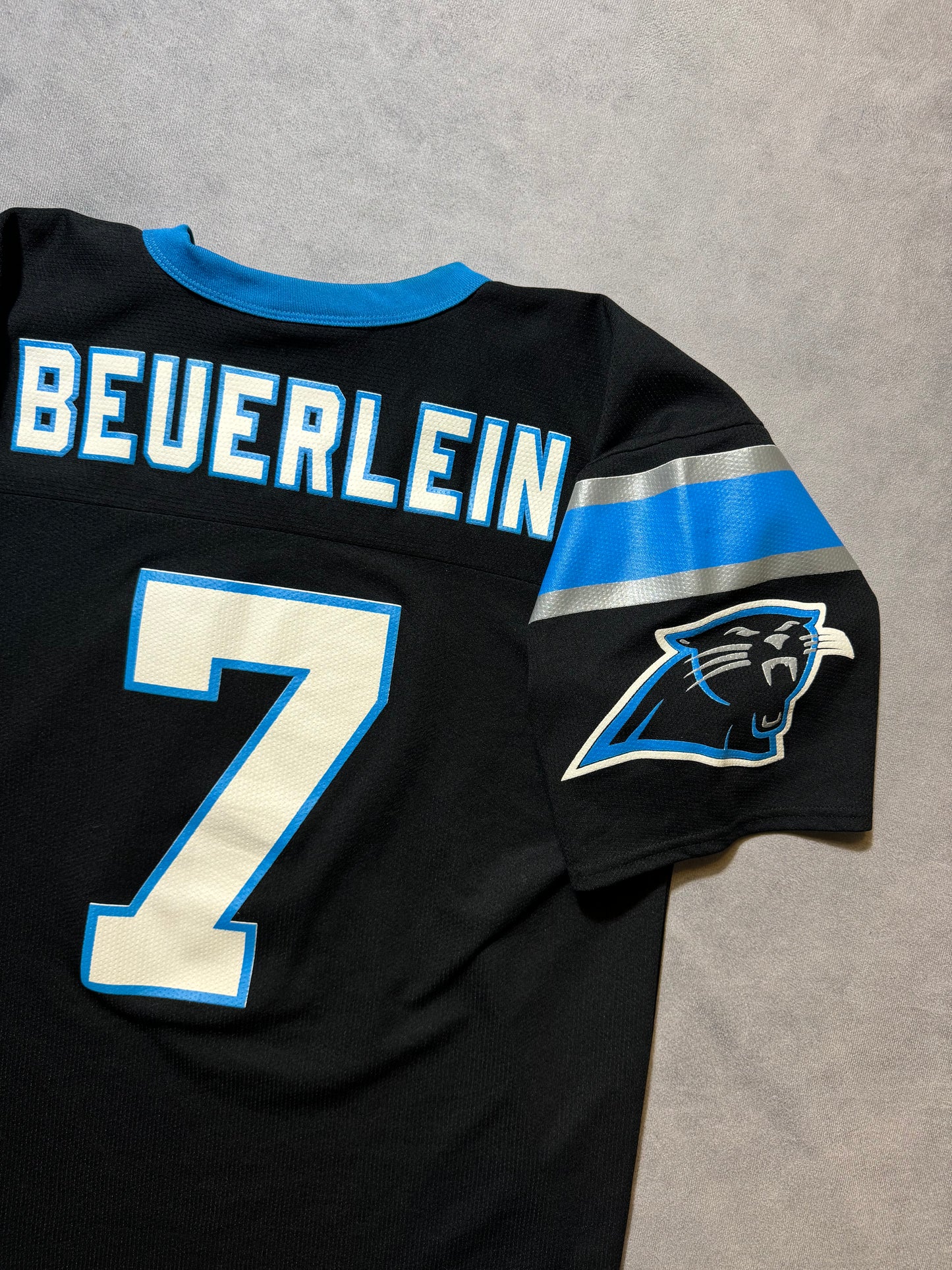90’s Carolina Panthers Steve Beuerlein Vintage Black Logo Athletic NFL Jersey (Medium)