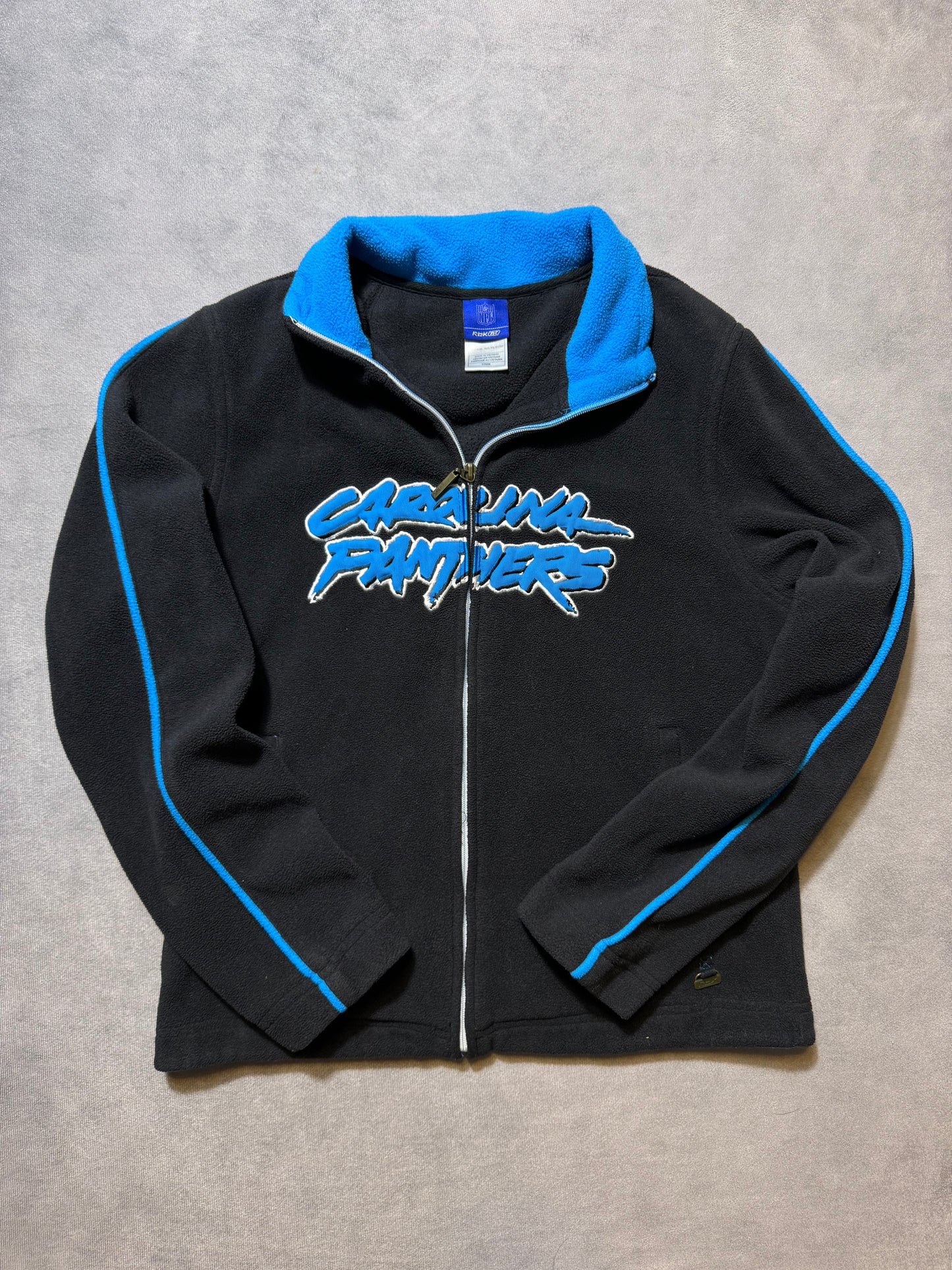 00’s Carolina Panthers Vintage Black Reebok Cat Scratch Font Embroidered Full Zip Fleece Jacket (Women’s Medium)